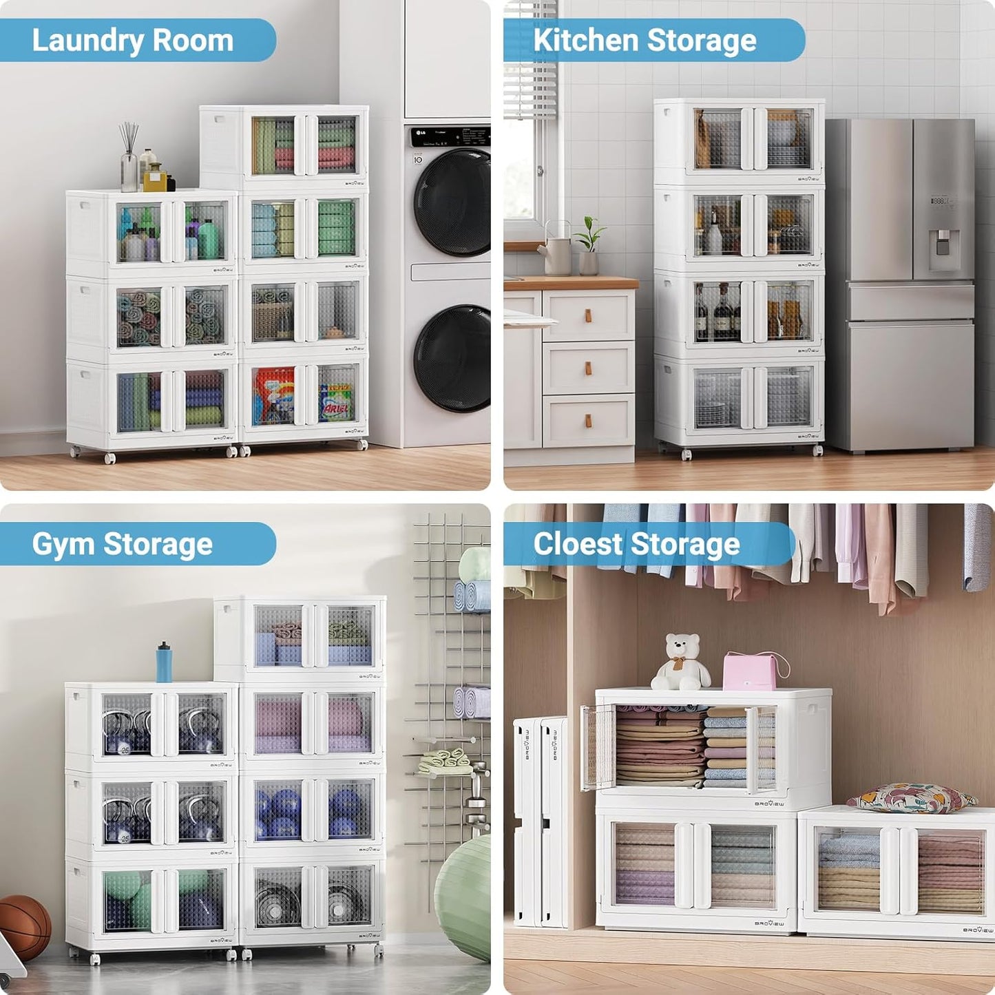 300Qt Stackable Storage Bins with Lids, 75Gal Closet Organizers and Storage Drawer, Plastic Collapsible Storage Bins with Doors, Heavy Duty Store Box Cabinet for Home Kitchen, 3Pack White