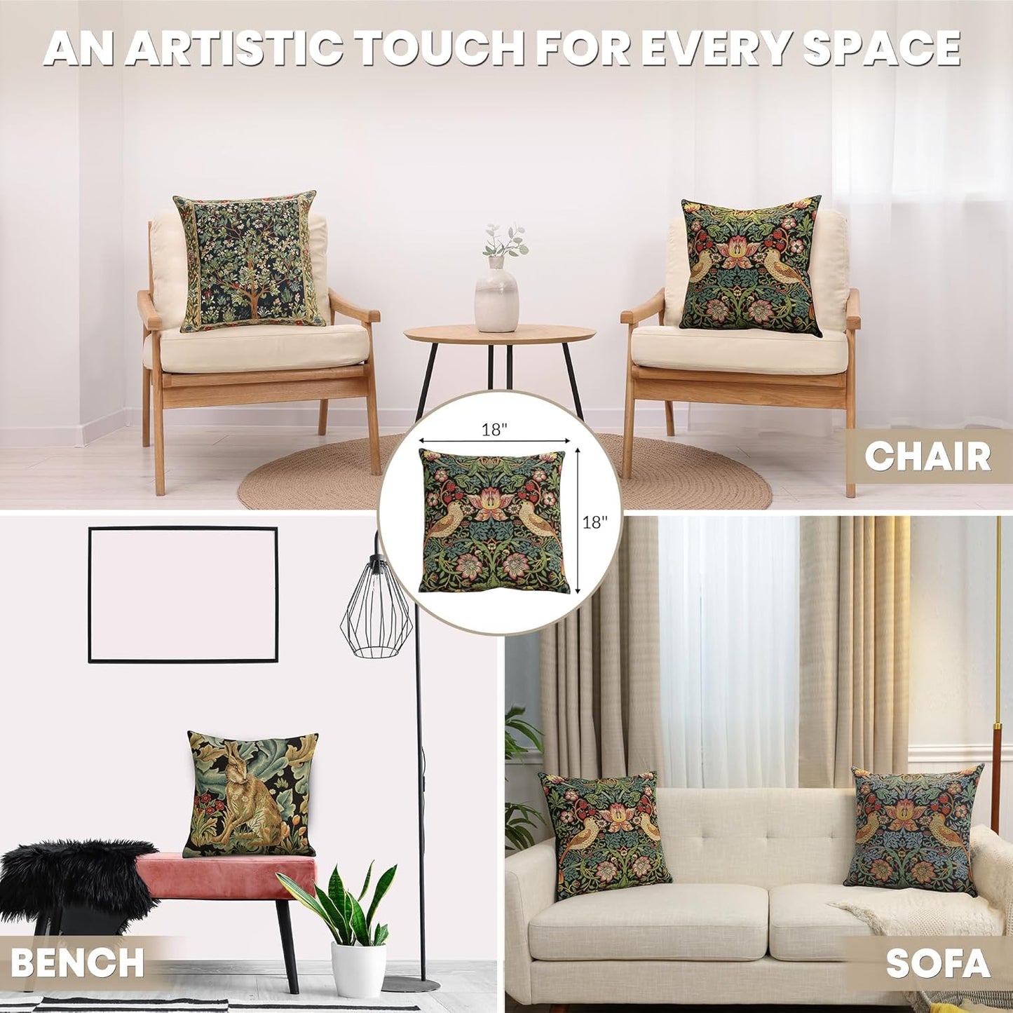 Charlotte Home Furnishings Throw Pillow Covers, Decorative Boho Pillow Covers for Couch, Living Room, Black Strawberry Square Cushion Cases 18x18 in, European Cotton Jacquard Woven, Cozy Bedroom Decor