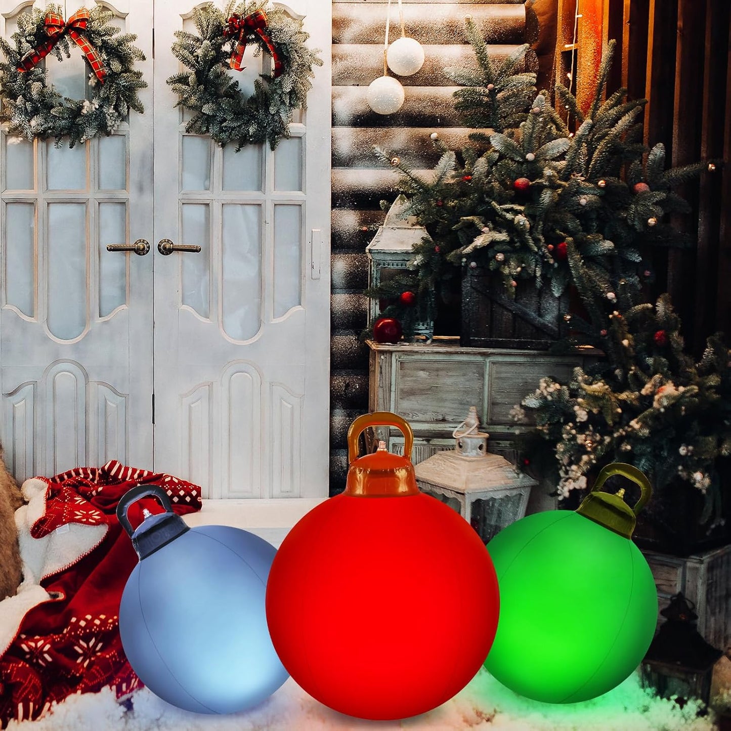 Jetec 3 Pcs Outdoor Light Up Christmas Ball Decorations Large Christmas Inflatable PVC Decorated Balls with Light 24 Inch,18 Inch Xmas Ornaments for Yard Lawn Porch(Red, Silver, Green)