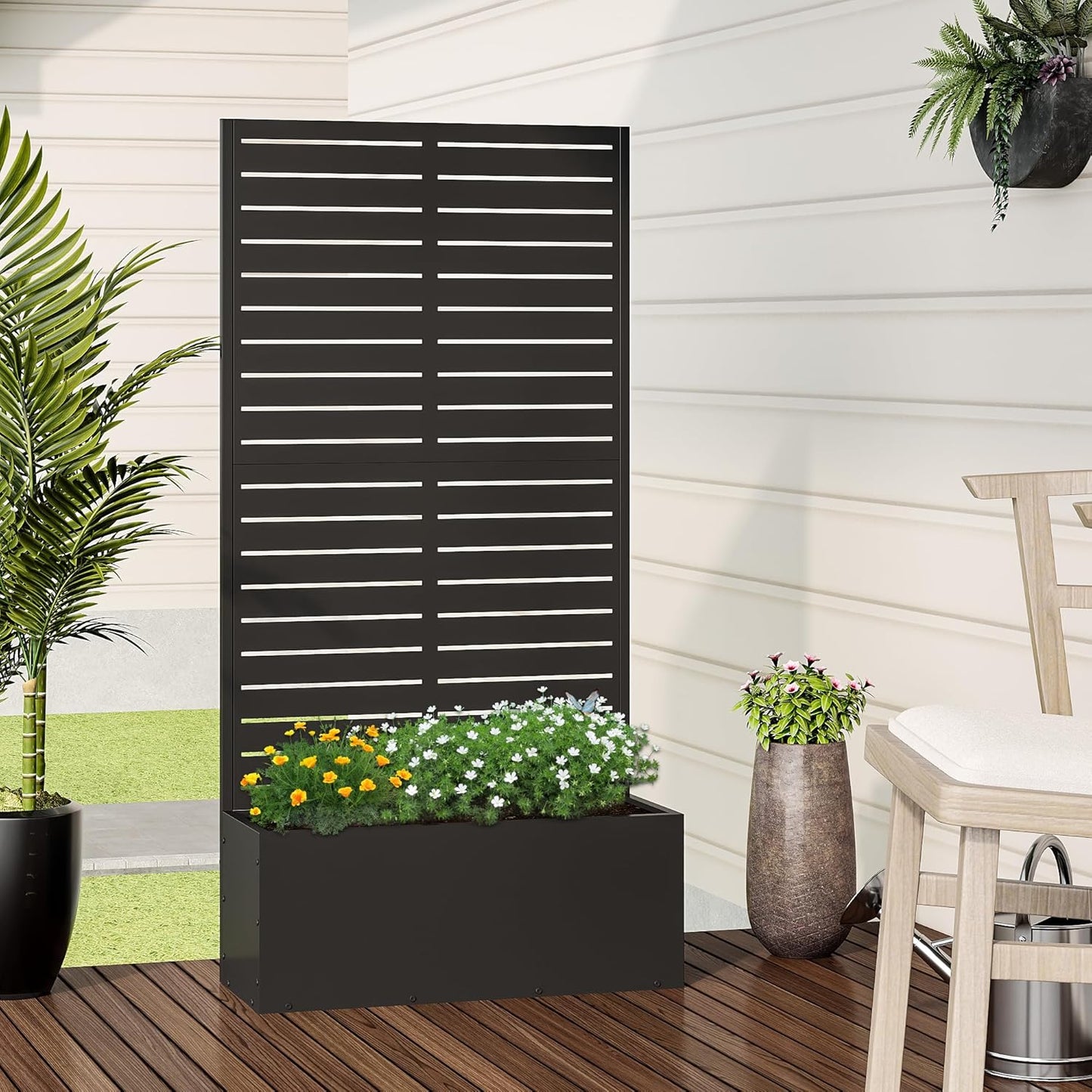 Casaphoria Metal Raised Garden Bed with Trellis, 59"x30"x12" Planter Box for Climbing Plants, Vegetables & Vines, Features Drainage Holes and Privacy Screen (Black-Louvered)