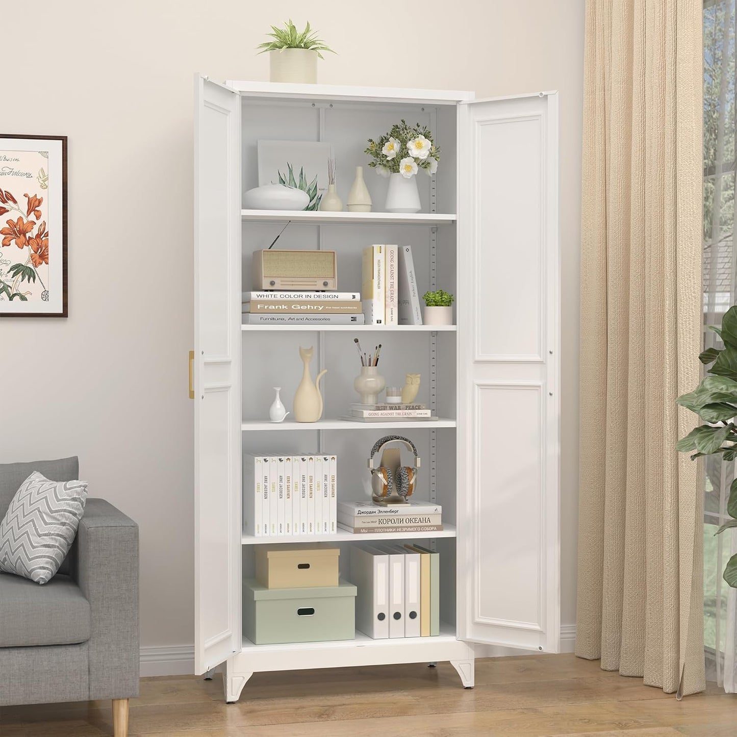 Kitchen Pantry Cabinet,75”White Metal Storage Cabinets with Doors and 4 Adjustable Shelves,Kitchen Cabinet with 2 Gold Handles,Tall Cabinet for Livingroom,Pantry, Bathroom