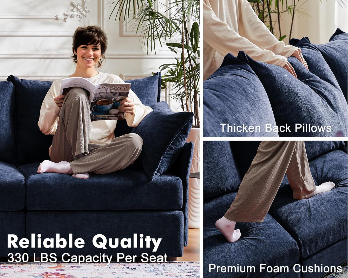 Luxury Modular Sectional Sofa, L-Shaped 3-Seat Couch with Storage Ottoman Deep Seat & Reversible Chaise Lounge Chenille Blue for Compact Spaces, Apartments, Dorm