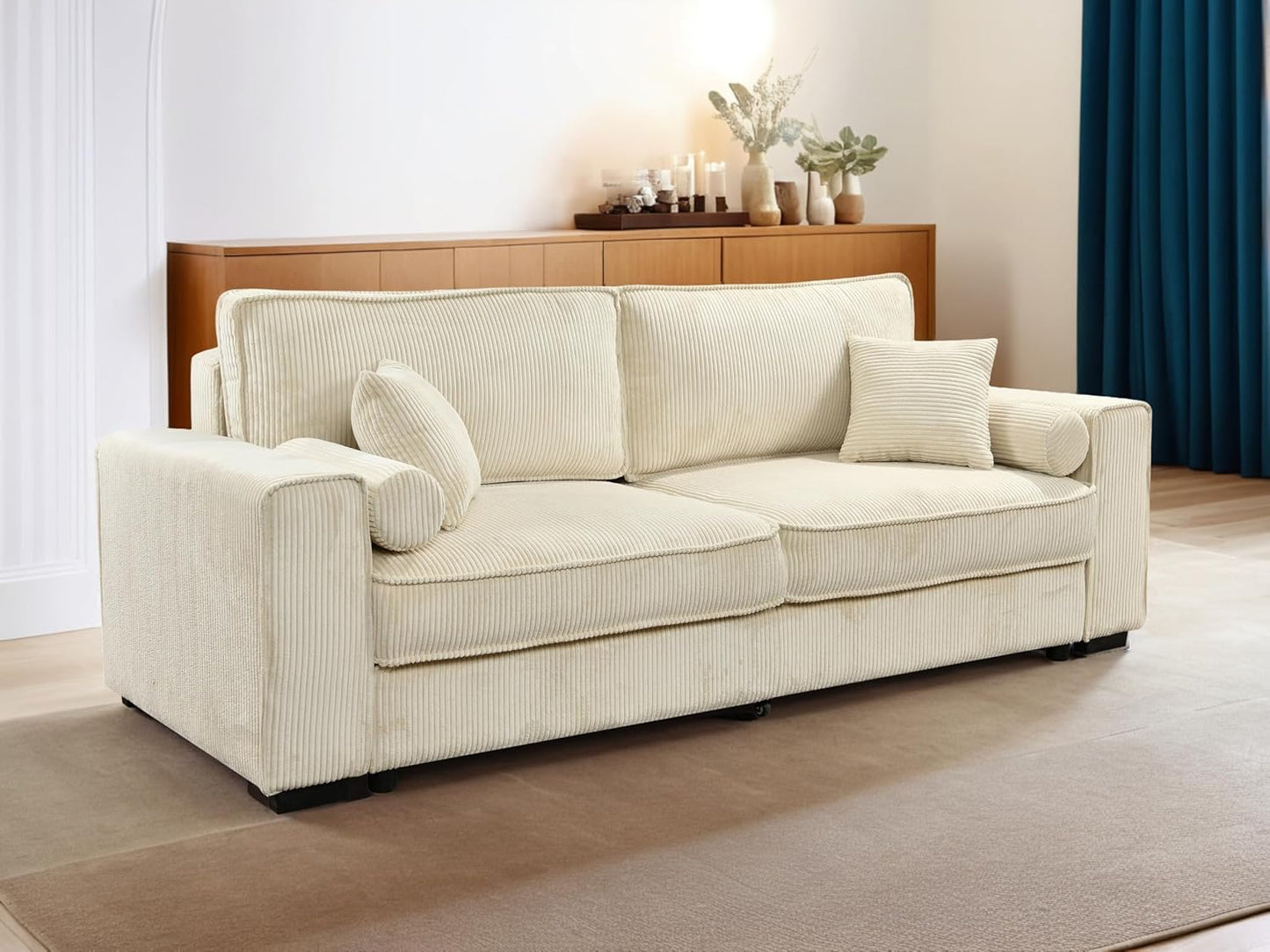 91-Inch Corduroy Pull Out Couch with Storage, Convertible Queen Sleeper Sofa with Pull Out Bed, Hide a Bed Couches for Bedroom, Guest Room, Apartment, Small Places, RV (Beige)