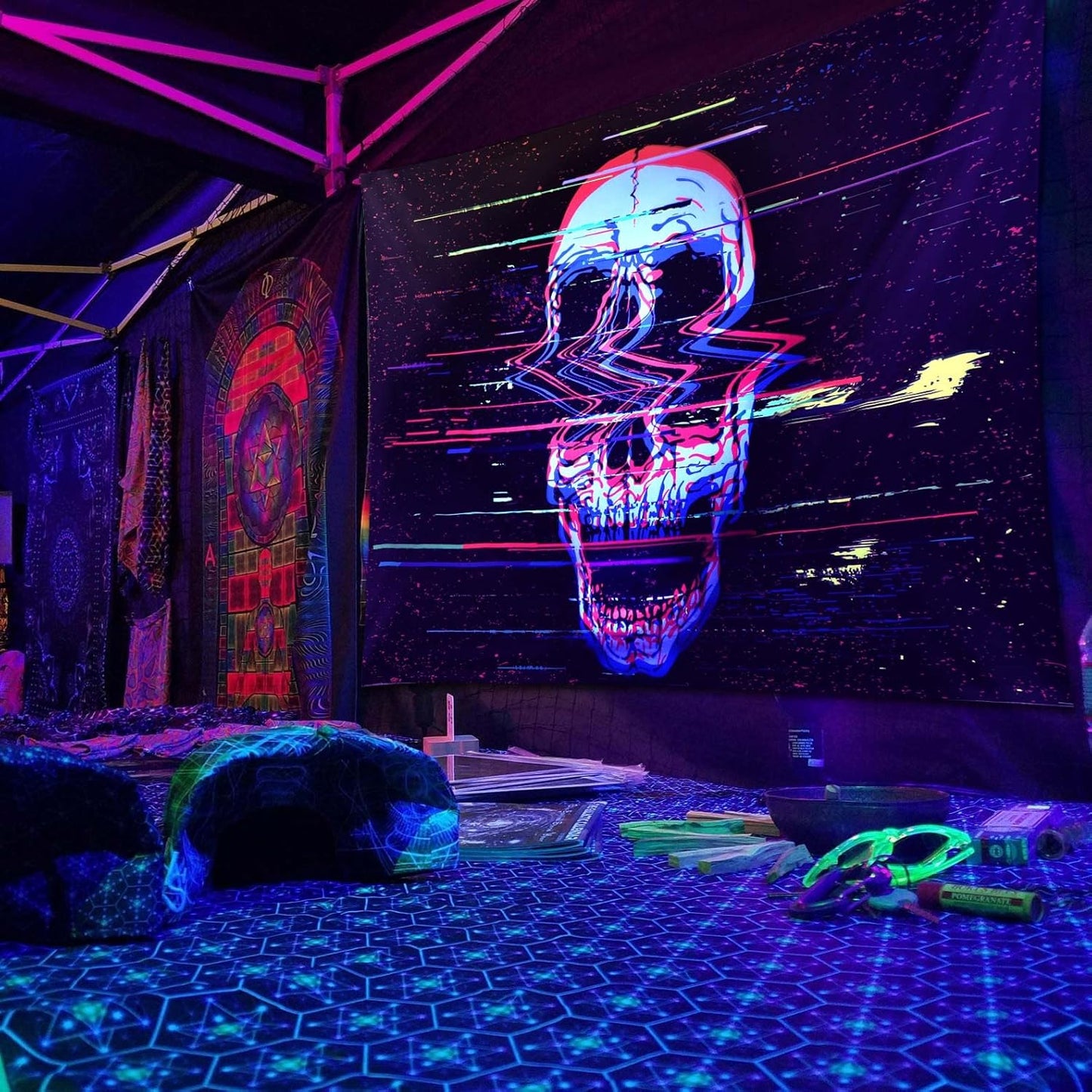 ADDWel Blacklight Skull Tapestry, Black Psychedelic Tapestry Glow In The Dark, UV Reactive Black Light Tapestries Posters Wall Hanging for Bedroom Living Room Dorm Party Backdrop Decor(60 * 80inches)