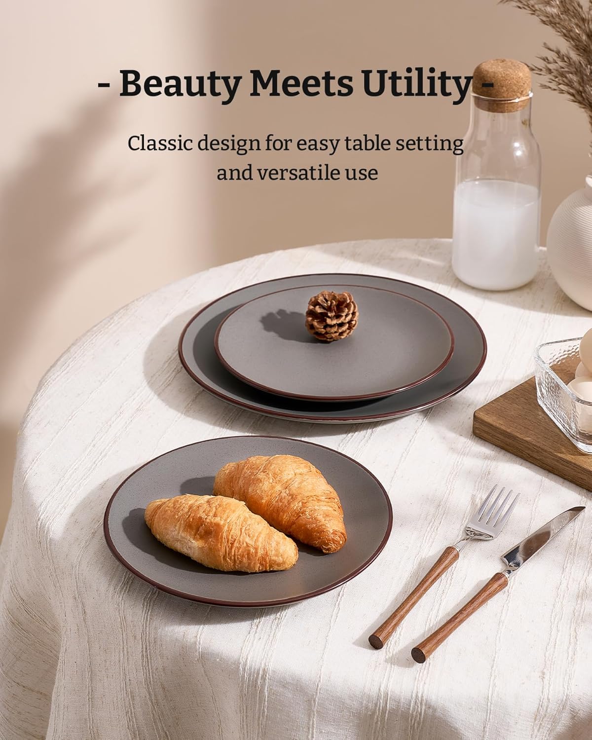 Famiware Venus Ceramic Plates and Bowls Sets, Speckled Dinnerware Dish Sets for 8 (24 Pieces) - Microwave and Dishwasher Safe, Matte Dark Grey