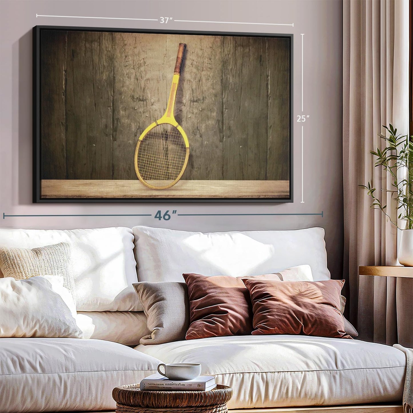 ElephantStock Vintage Tennis Racket Wall Art - Horizontal Framed Canvas - 1-Piece Living Room Wall Decor - Photography Sports Canvas Print - Brown and Black Decor for Wall - 37" X 25"