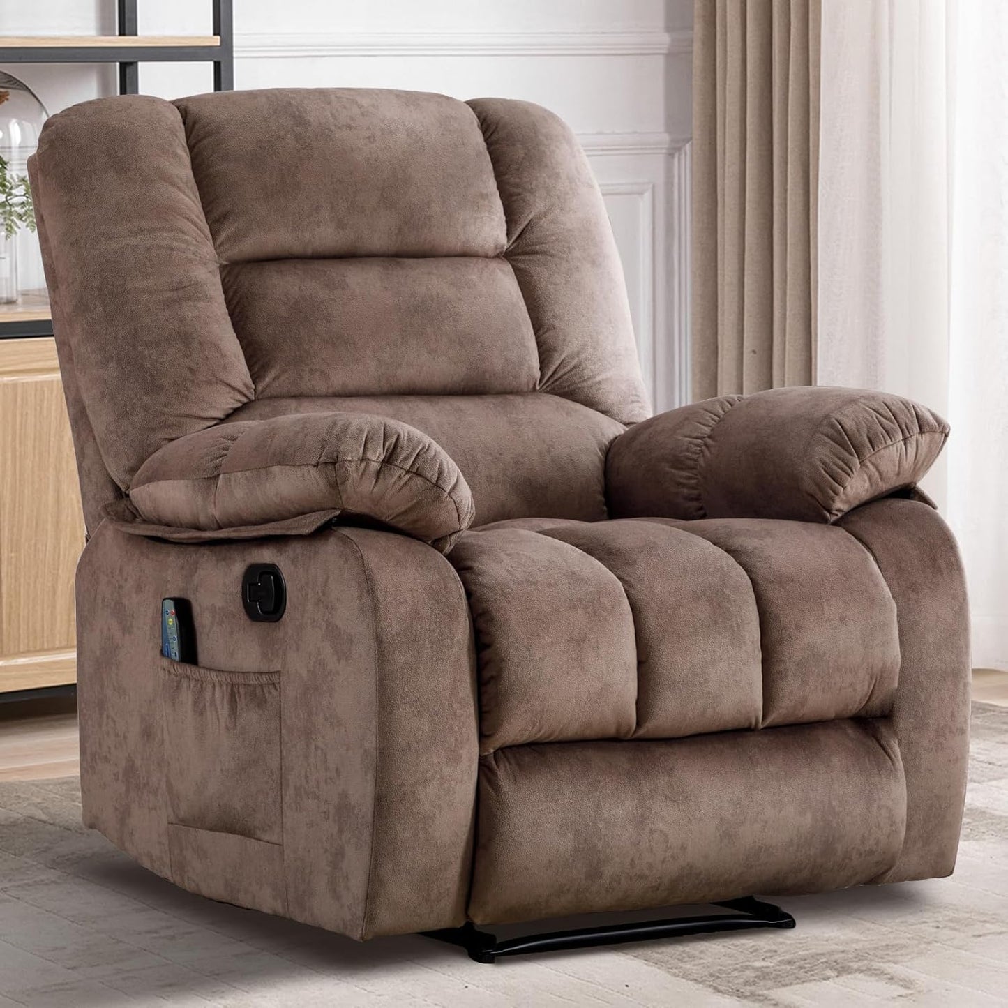 Massage Recliner Chair with Heat and Massage, Soft Fabric Ergonomic Manual Reclining Chairs, Heavy Duty Reclining Sofa Chair with Side Pockets for Living Room (Tan)