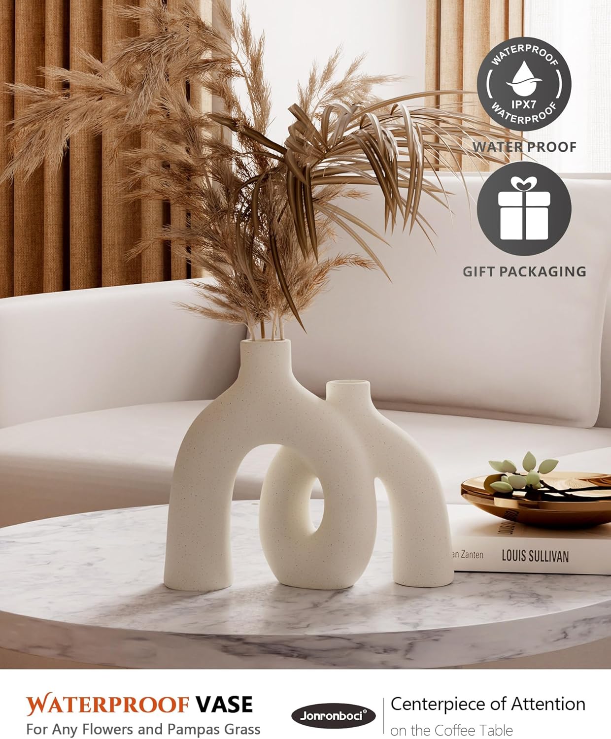 Hug Donut Decorative Vase Set - Modern Nordic Boho Style Vases Home Decor, Matte Ceramic Decorations for Living Room Shelf, Bookshelf Mantle Entryway Table or Console Décor (Cream White)
