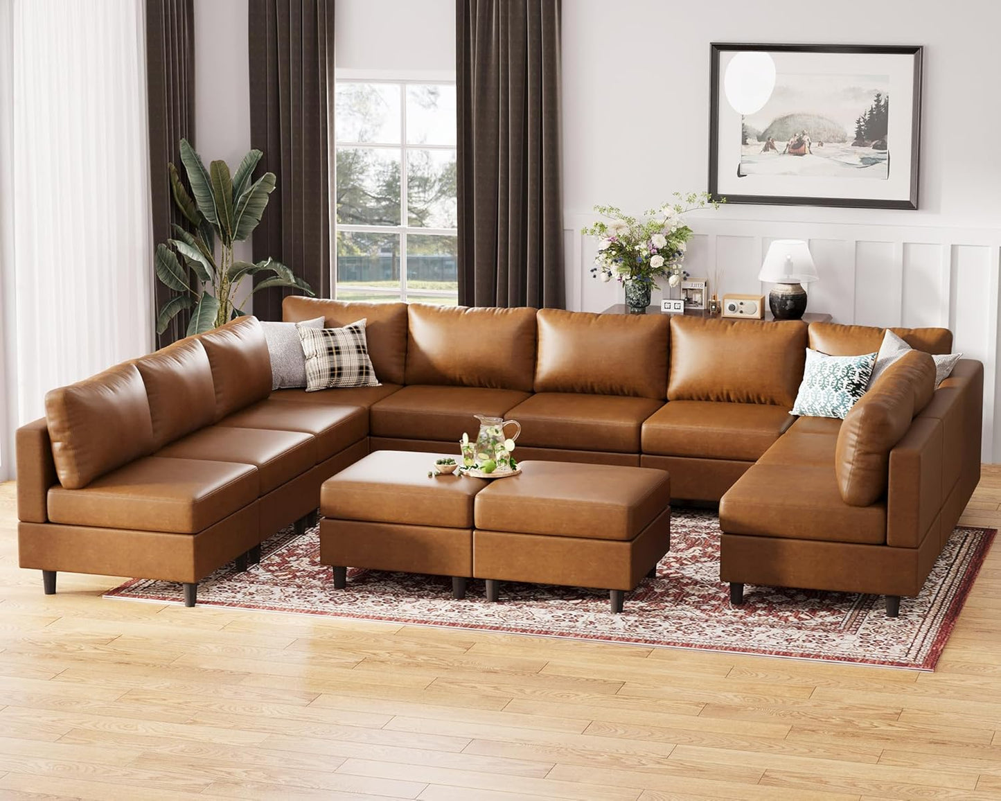 Oversized 145.5" Faux Leather Modular Sectional Sofa, Modern Large 12 Seater U Shaped Couch with Storage Seat with Reversible Chaise Deep Seat for Living Room DIY Combination - Brown