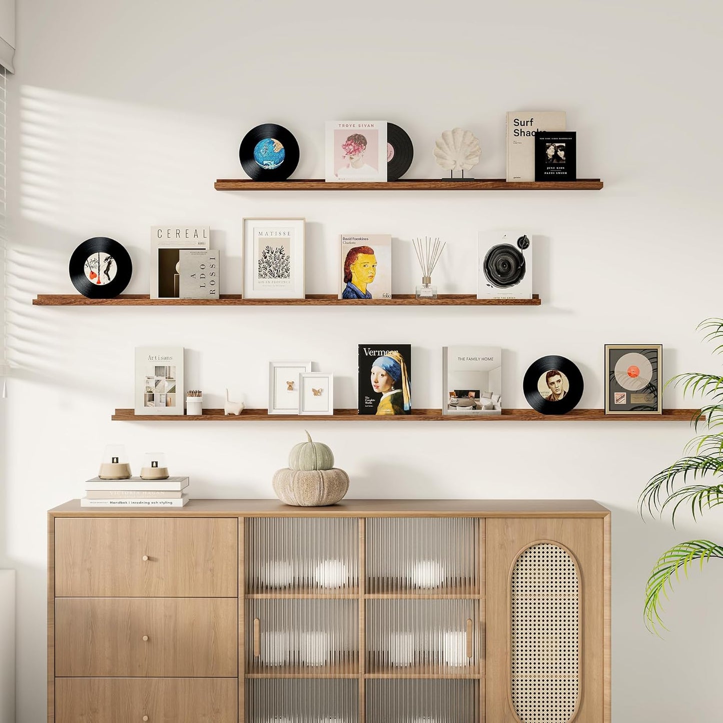 Floating Picture Ledge Shelves for Wall Set of 2, 55 Inches Picture Shelf with Ledge, Nursery Book Shelf for Toys Storage Kids Bookshelf Wall Mounted Living Room Bedroom Decor Frames, Walnut