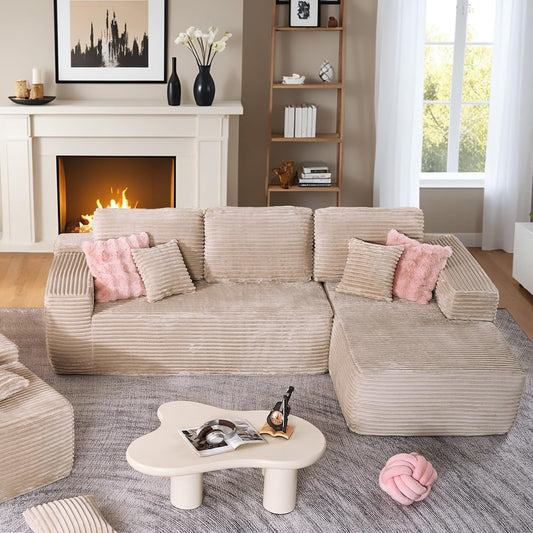 HOOOWOOO Cloud Sectional Couches for Living Room,Modular Sectional Sofa No Assembly,Plush Corduroy Large Floor Couch Furniture Set with Deep Seat Right Chaise L Shape(Beige)