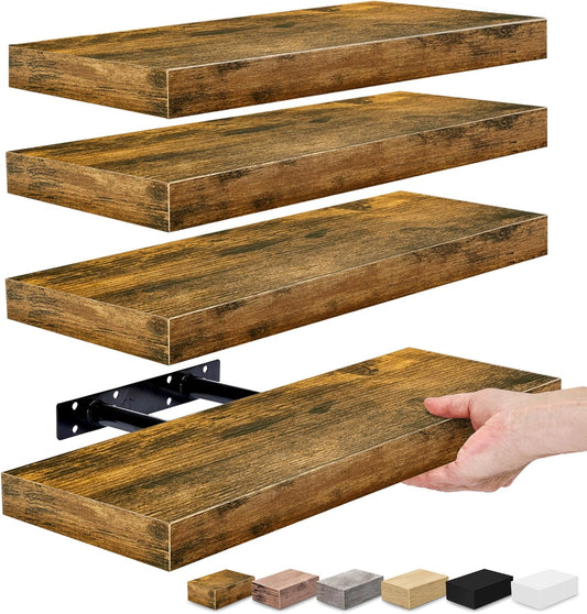 Sorbus Floating Shelves for Wall, Bathroom Shelves Wall Mounted for Kitchen, Bedroom, Living Room, Bathroom Storage, Over Toilet, Hanging Book Shelf for Ｗall Home Decor (Rustic Brown, 4 Pack)