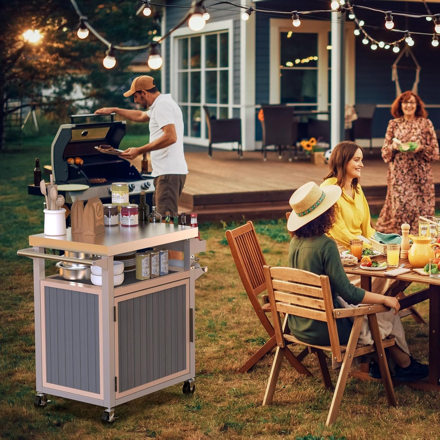 Skyflame Outdoor Grill Cart with Storage on Wheels, Rolling Kitchen Island with Stainless Steel Table Top, Multifunctional BBQ Food Prep Table with Magnetic Single Door for Patio Backyard Garden Deck