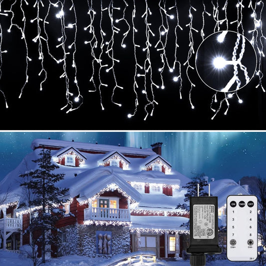 Brightown Icicle Lights Outdoor: 2 Packs, 132Ft with 276 Drops, 1472 LED Icicle Lights with Timer for House Eaves and Wedding, Pure White