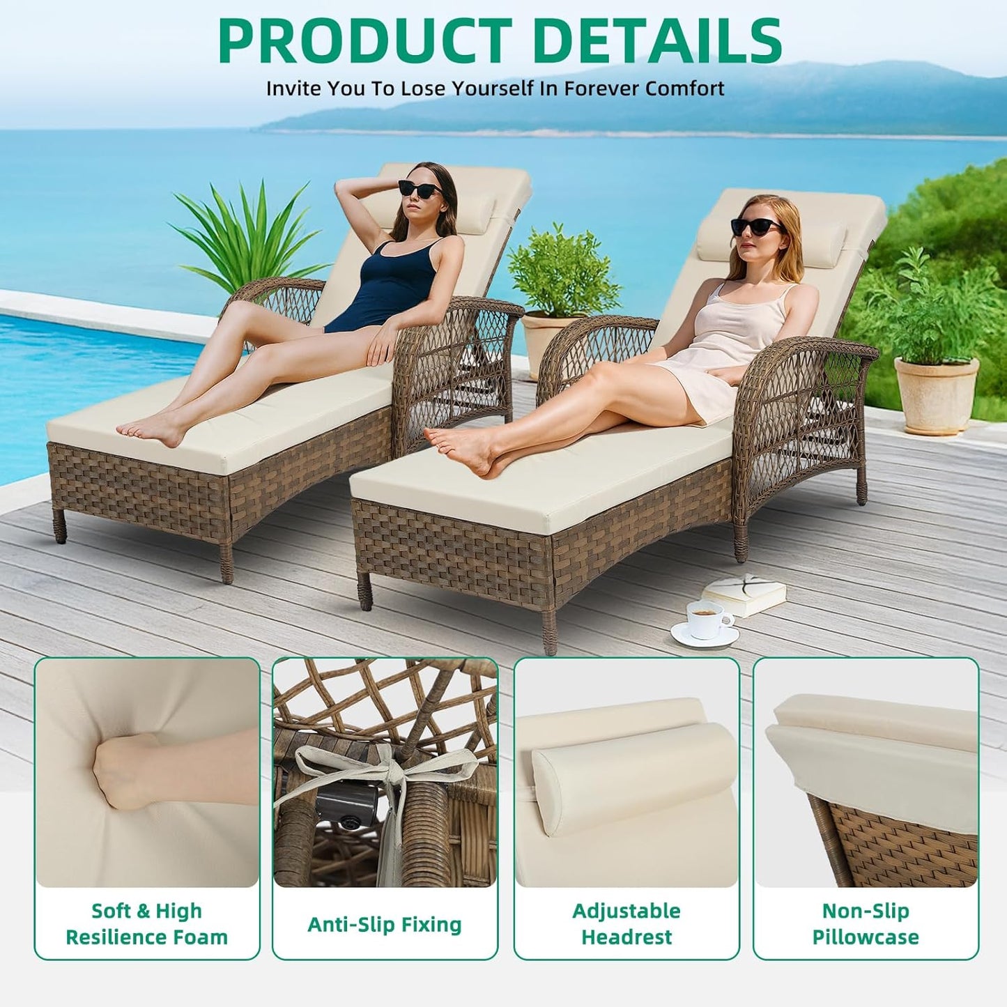 VIVIJASON Outdoor Wicker Chaise Lounge Chair Set of 2, All-Weather PE Rattan Cushioned Patio Lounger Chairs, 6-Position Adjustable Outside Pool Sunbathing Recliner with Armrest & Pillow, Beige