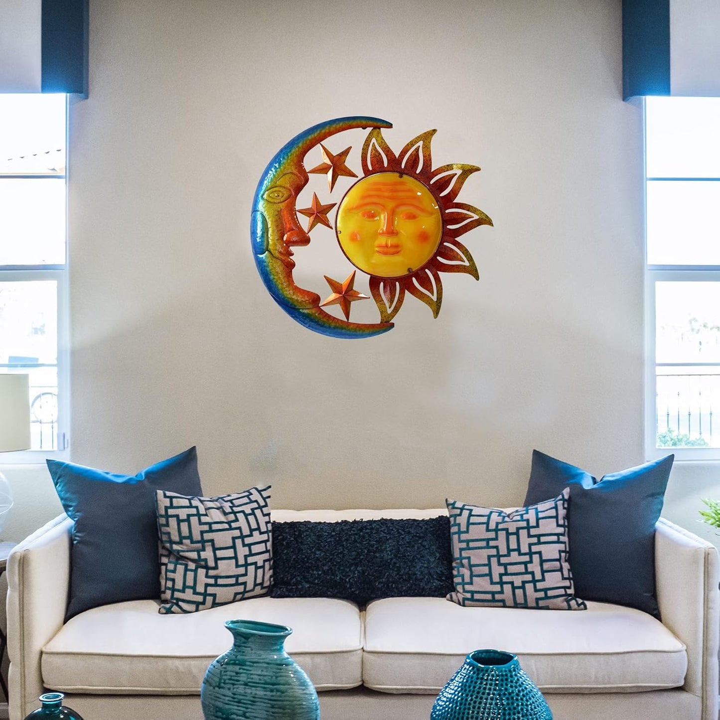 Metal Larger Size 29 Inch Sun Outdoor Wall Art Decor with Moon & Stars,Hanging for Indoor Outdoor Patio Garden Fence Deck Yard Pool Wall Sculpture Decoration Colorful