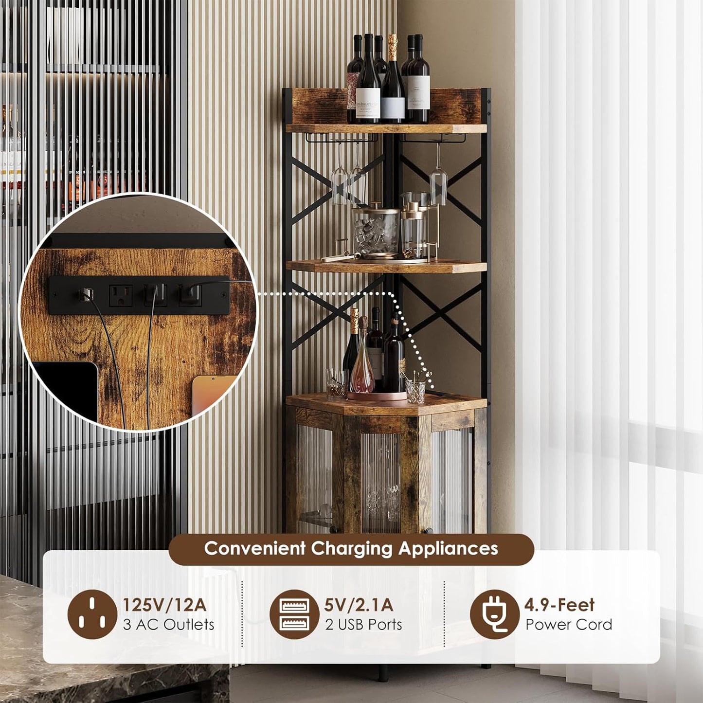 Corner Bar Cabinet with Power Outlet, 5-Tier Corner Wine Cabinet with Led Strip and Glass Holder, Industrial Tall Liquor Cabinet Bar Wine Rack for Home, Rustic Brown