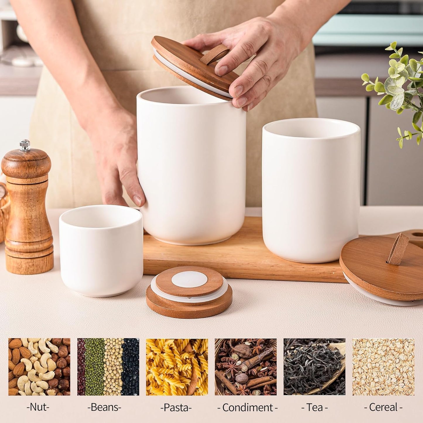 White Ceramic Canister Set with Bamboo Lids, 3-Piece Airtight Food Storage Jars for Kitchen - Flour, Sugar, Coffee, Tea, Spice - Small, Medium, Large Sizes