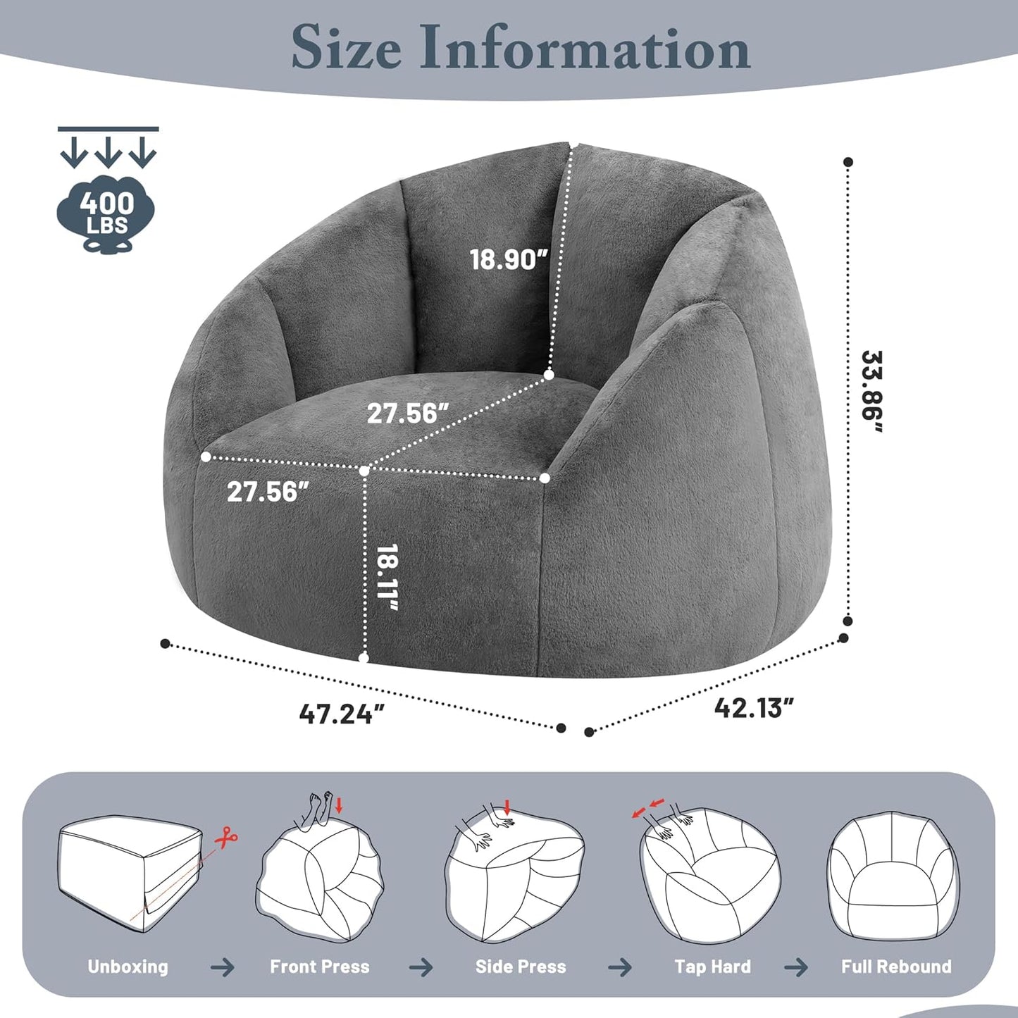 Giant Bean Bag Chair for Adults - Comfy Plush Round Shell Soft Accent Chair, Oversized Cozy Lounge Floor Sofa Reading Chair, Mini Couch for Living Room, Bedroom & Game Rooms, Gray