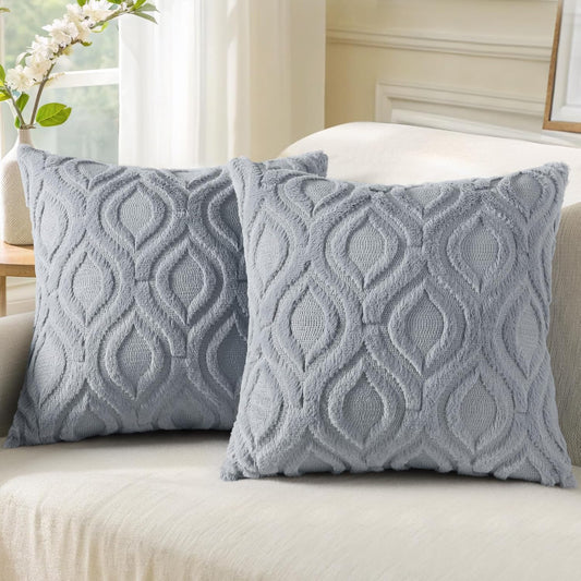 decorUhome Throw Pillow Covers 18x18 Inch Set of 2, Soft Plush Faux Wool Blue Grey Couch Pillow Covers, Spring Solid Dyed Accent Pillow Cases for Sofa Bed Living Room Home Decor