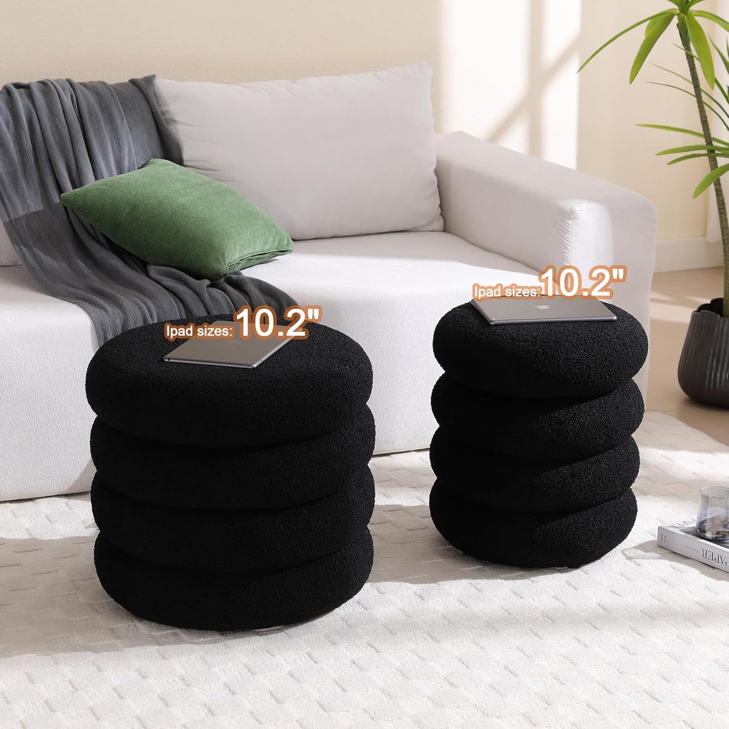 ONEVOG 16 Inch Small Ottoman Foot Rest, Sherpa Storage Ottoman for Toys, Black Vanity Stool Soft Tufted Fabric Pouf, Footstool Seat for Living Room, Dorm, Bedroom
