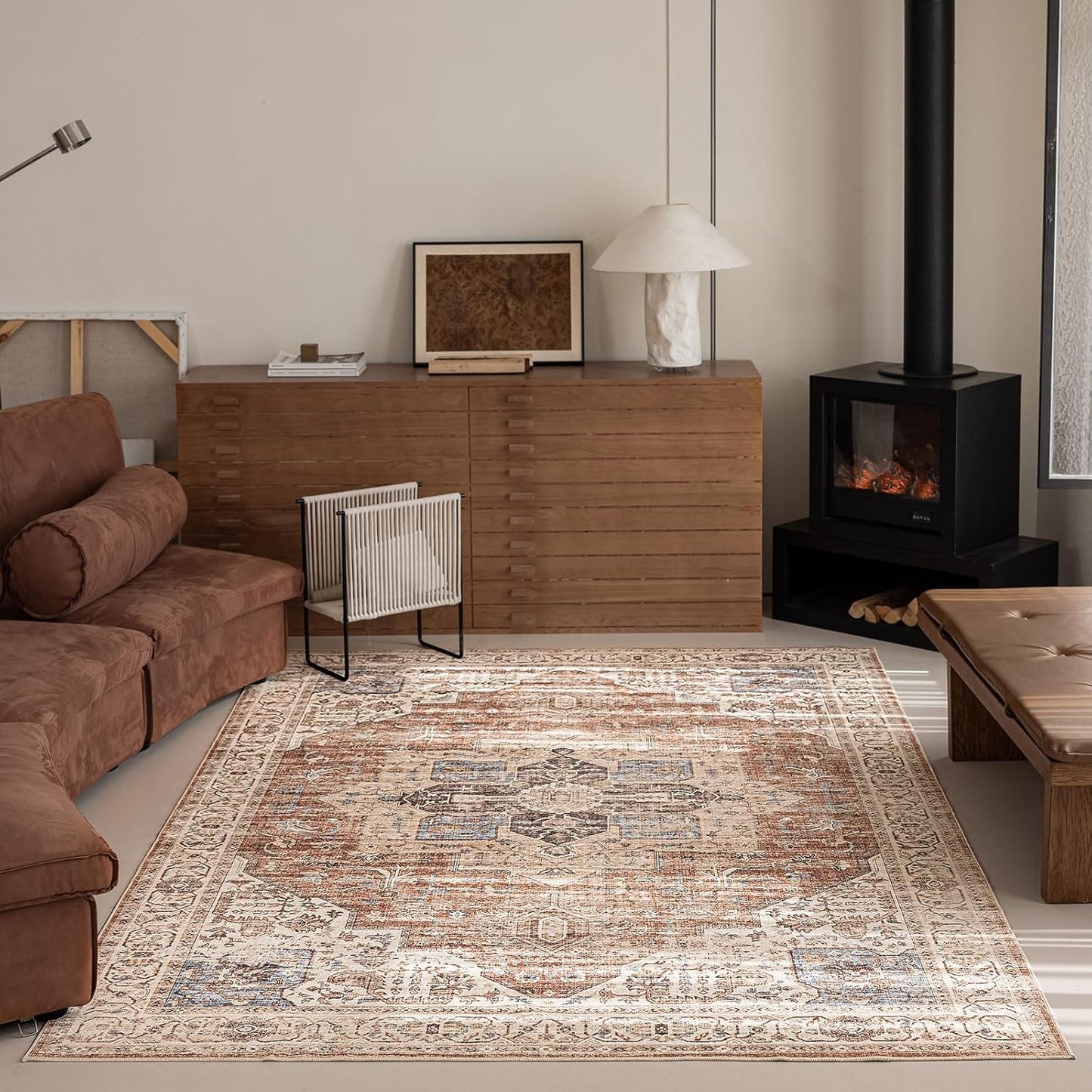 6'x9' Area Rug - Vintage Persian Medallion Design Low-Pile Faux Wool Rug, Non-Slip Backing, Machine Washable, for Living Room, Dining Room, Bedroom (Brick Red)