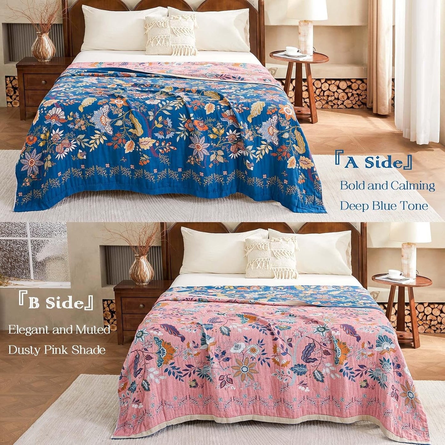 Fall Throw Blanket for Couch, Blue Boho Decorative Throw Blanket, 100% Cotton Muslin Breathable Woven Farmhouse Blankets Quilt, 90"x98" Reversible Lightweight Blankets Bohemian Throw Quilt