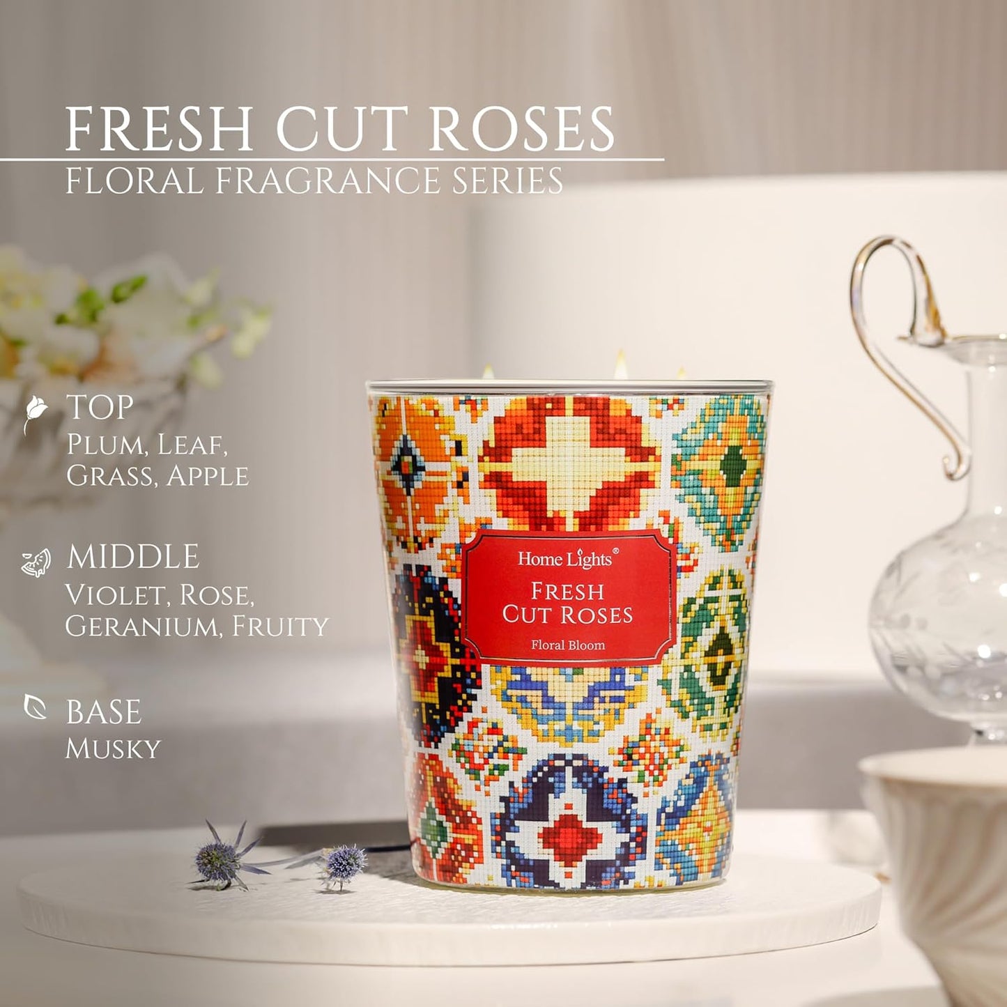 HomeLights 3-Wick Candles for Home Scented - 34oz Soy Wax Blend Candle Long-Lasting Fragrance, Bohemian Natural Textures Home Decor and Housewarming Gifts, Fresh Cut Roses