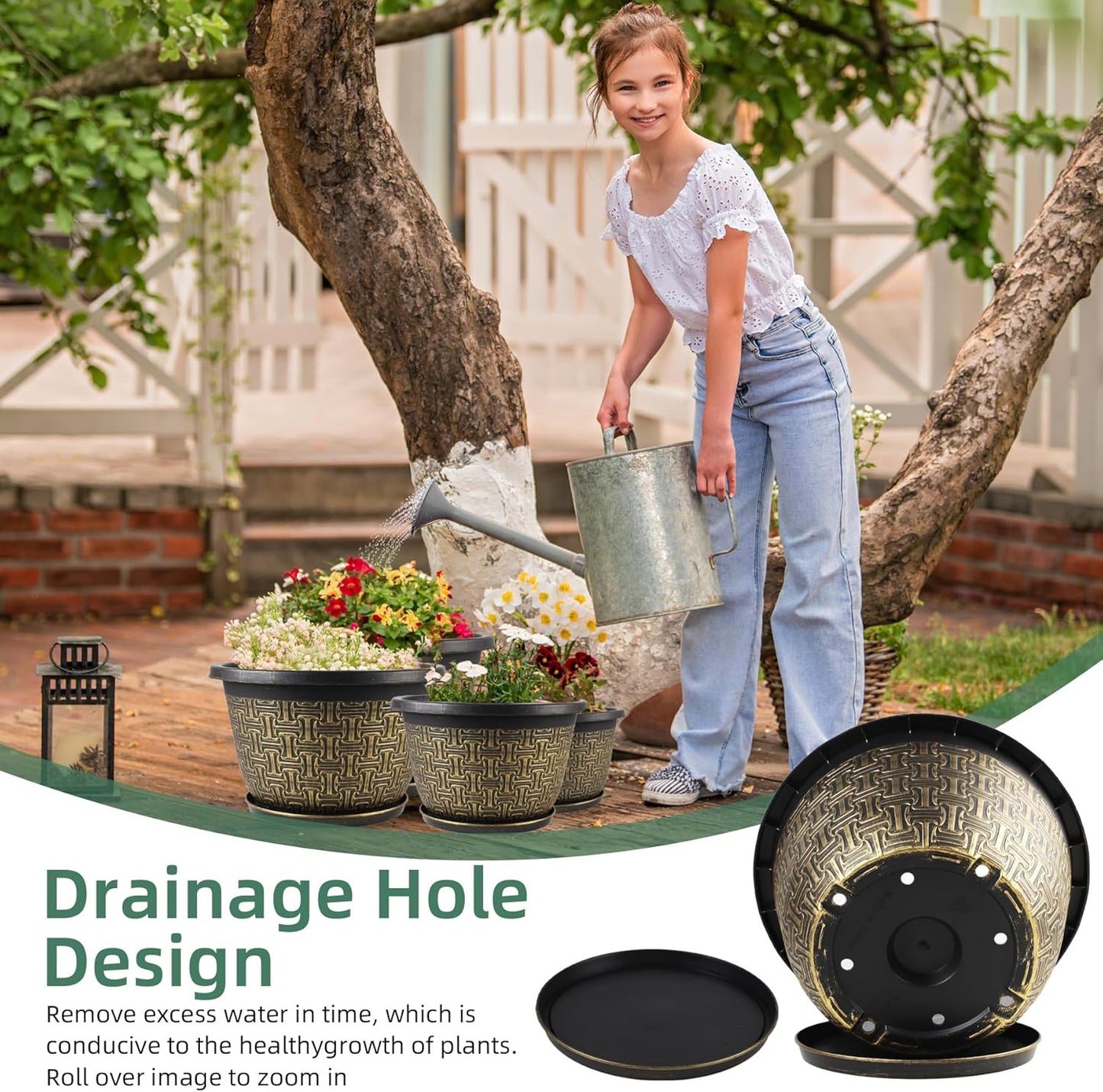 4 Pack 16 Inch Planter,Large Plastic Flower Pots Outdoor Indoor with Drainage Holes & Trays, Retro Antique Imitation Decorative Garden Plant Pots Outdoor for Houseplants