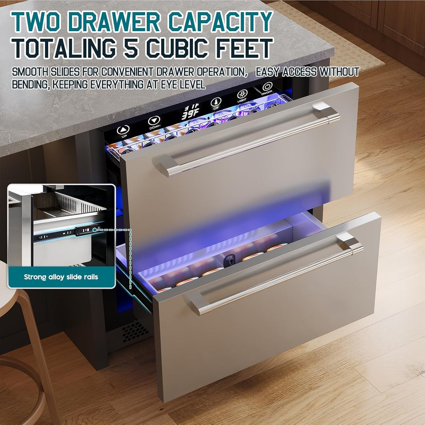 Albott 24 Inch Under Counter Drawer Fridge – Stainless Steel Beverage Refrigerator with Dual Drawers, LED Touch Control, Adjustable Storage, Frost-Free, Low Noise, 34-72℉, for Indoor or Outdoor Use