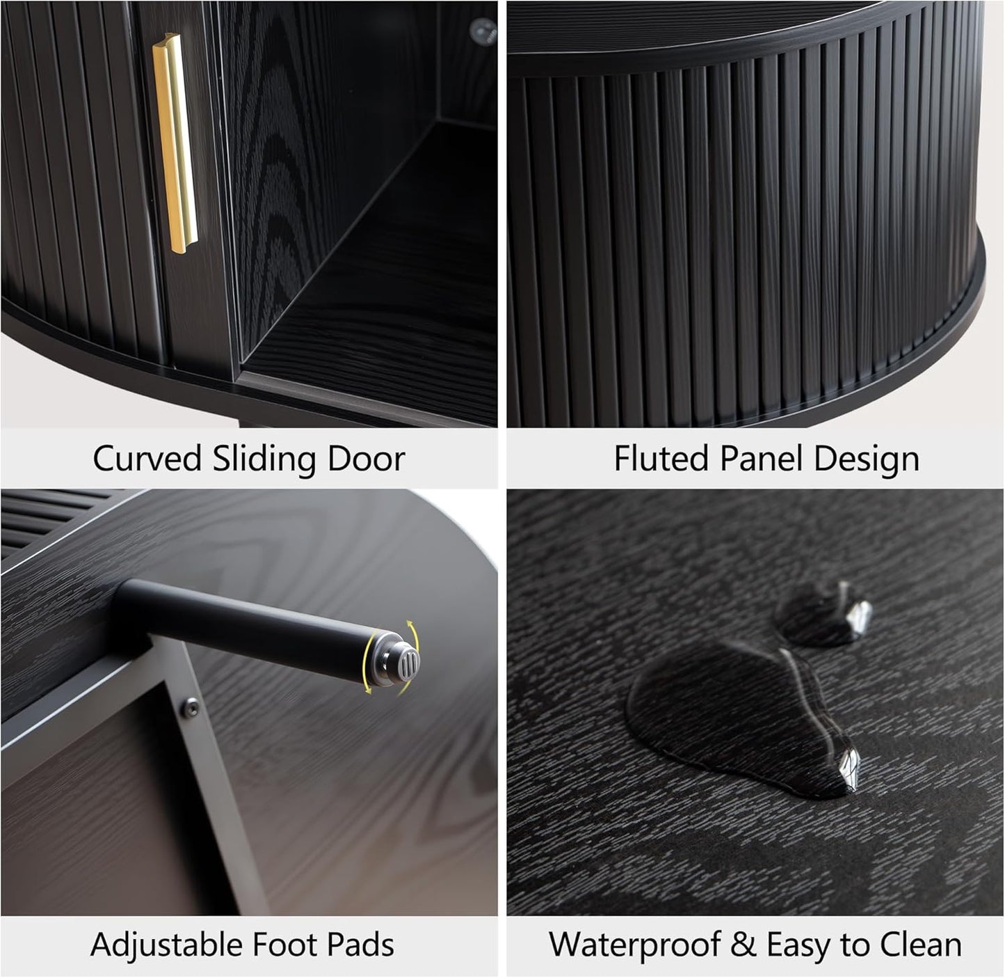 Modern Coffee Table with Storage, 47.2" Oval Fluted Coffee Table with Sliding Doors, Minimalist Tea Table with Wood Grain Veneer, Mid Century Center Tables for Living Room, Apartment, Black