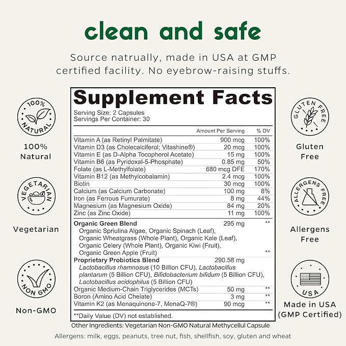 Zenkgo Multivitamins + Organic Whole Foods+Probiotics B6, B12, B12, Vegan D3, K2 K2 (MK-7), (MK-7), Folate, Superfoods(60Ct/30Day)