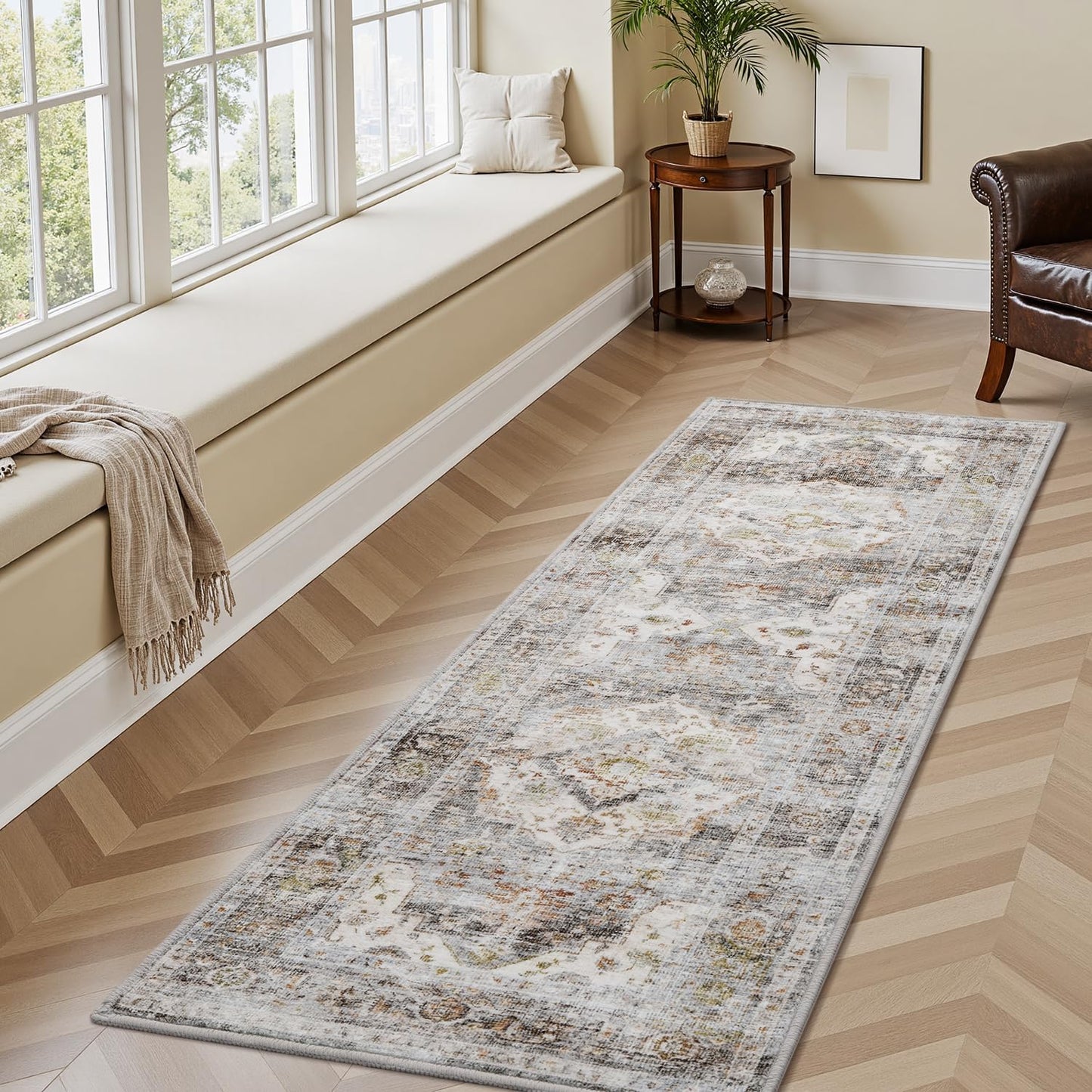AMOAMI-2X6 Runner Rug-Washable Runners for Hallways-Soft Non Slip Bedside Rugs for Bedroom-Vintage Long Rug for Hallways Entryway Laundry Room Stair Kitchen Bathroom Grey