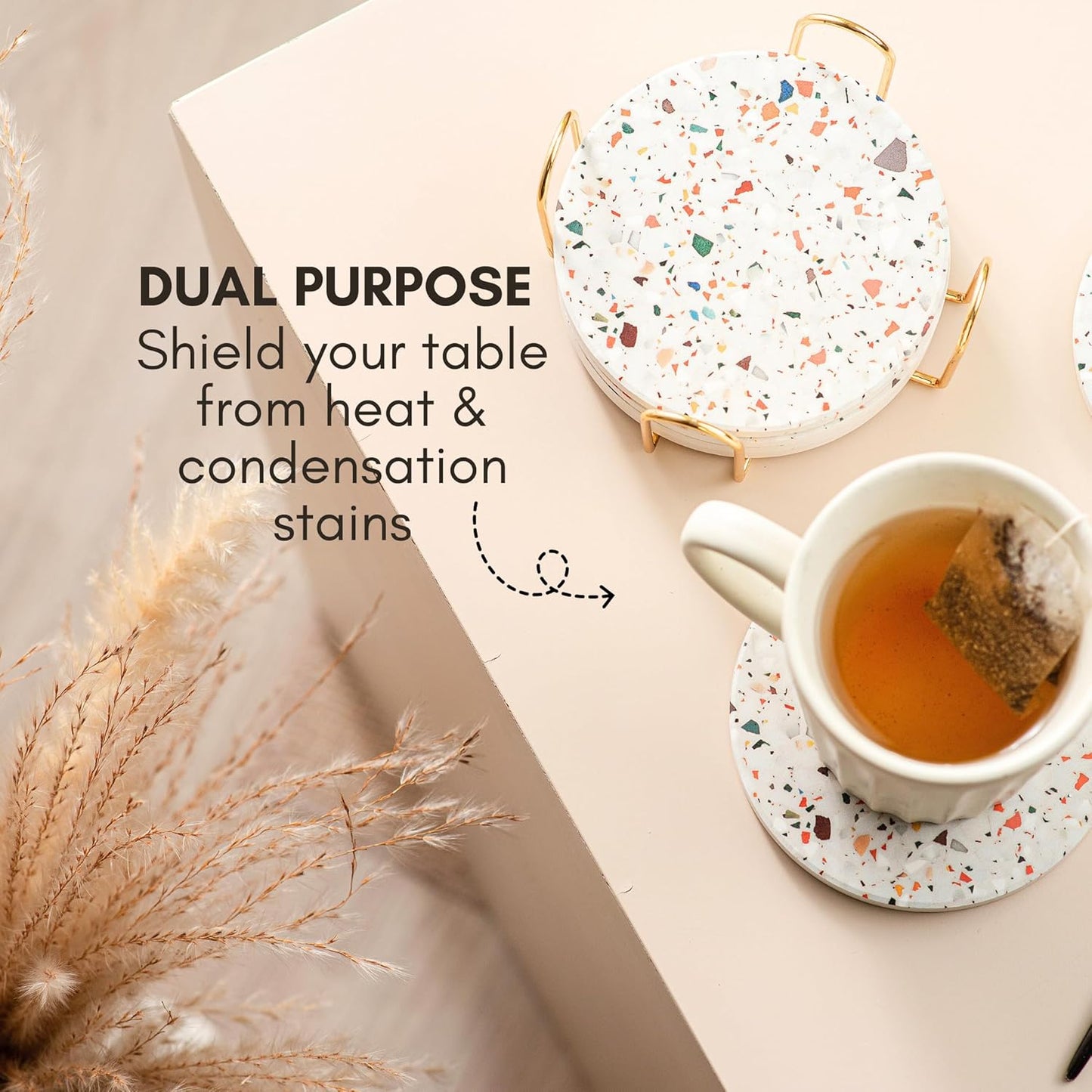 Green Terrazzo Drink Absorbent Coasters with Holder Set of 6, Ceramic Coaster for Drinks, Coffee Table Decor, Water Absorbing Stone Coaster for Drinks (Sage)