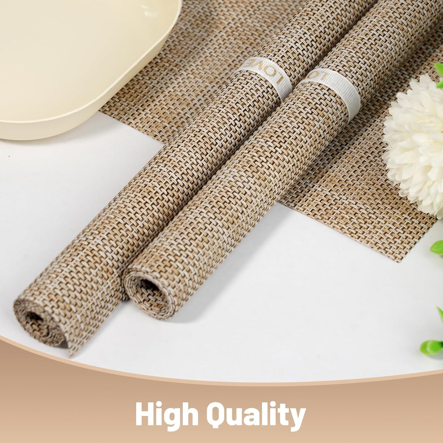 Placemats Set of 12，Non-Slip PVC Weave Table Mats Easy to Clean，Heat Resistant Place Mats for Kitchen Dining Table Decoration Indoor Outdoor，Beige