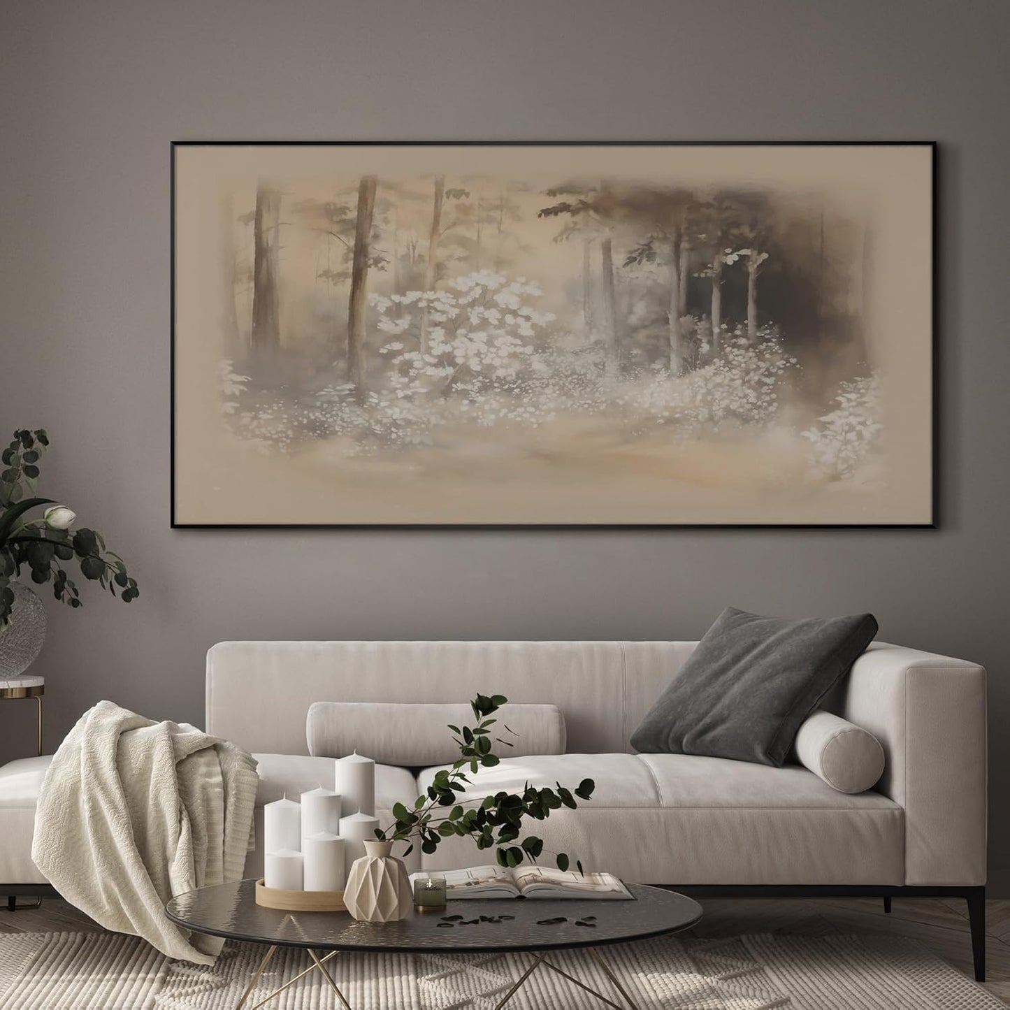 SIGNWIN 24"x46" Extra Large Framed Wall Art Misty Forest in Sepia Tones, Watercolor Woodland Landscape for Home Living Room Bedroom Decor (Frame Assembly Required)