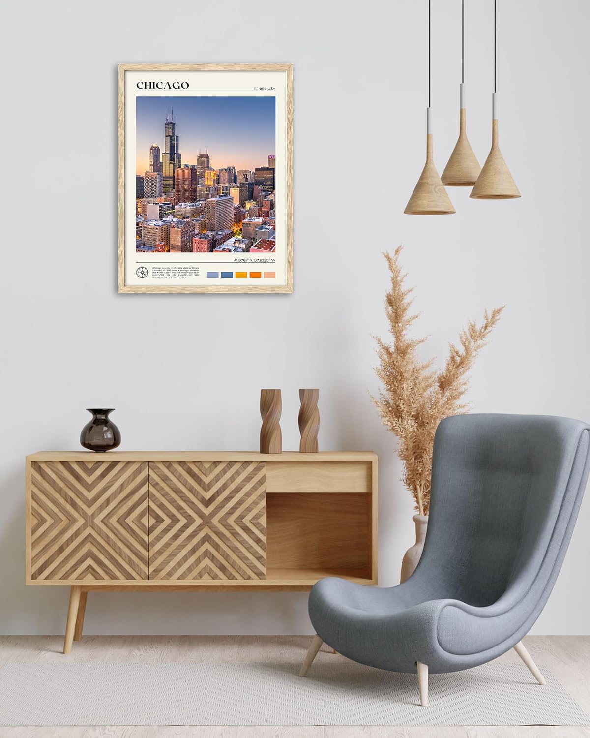 HesenDot Natural OAK Wood Chicago Cityscape Framed Wall Art,12x16in City Skyline Canvas Wall Print,Modern Urban Landmark Wall Decor for Living Room,Bedroom,Office Gallery Gifts Set of 1