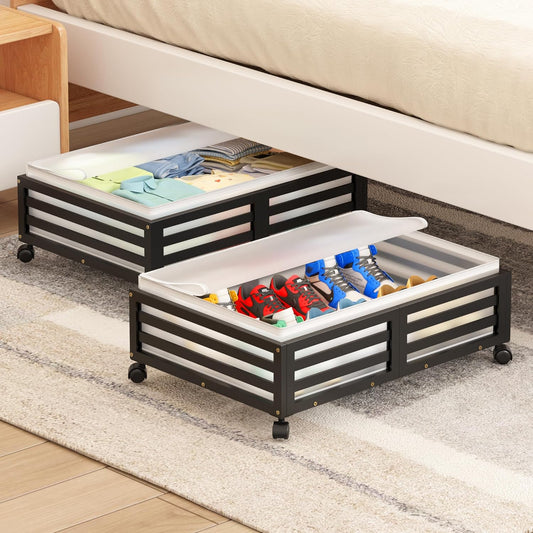 Under Bed Storage Containers With Wheels - 2 Pcs Bamboo Wood Rolling Underbed Shoe Storage Bins With Dust Bags for Clothes Blankets, Duvet Covers Snacks Toys (Black)