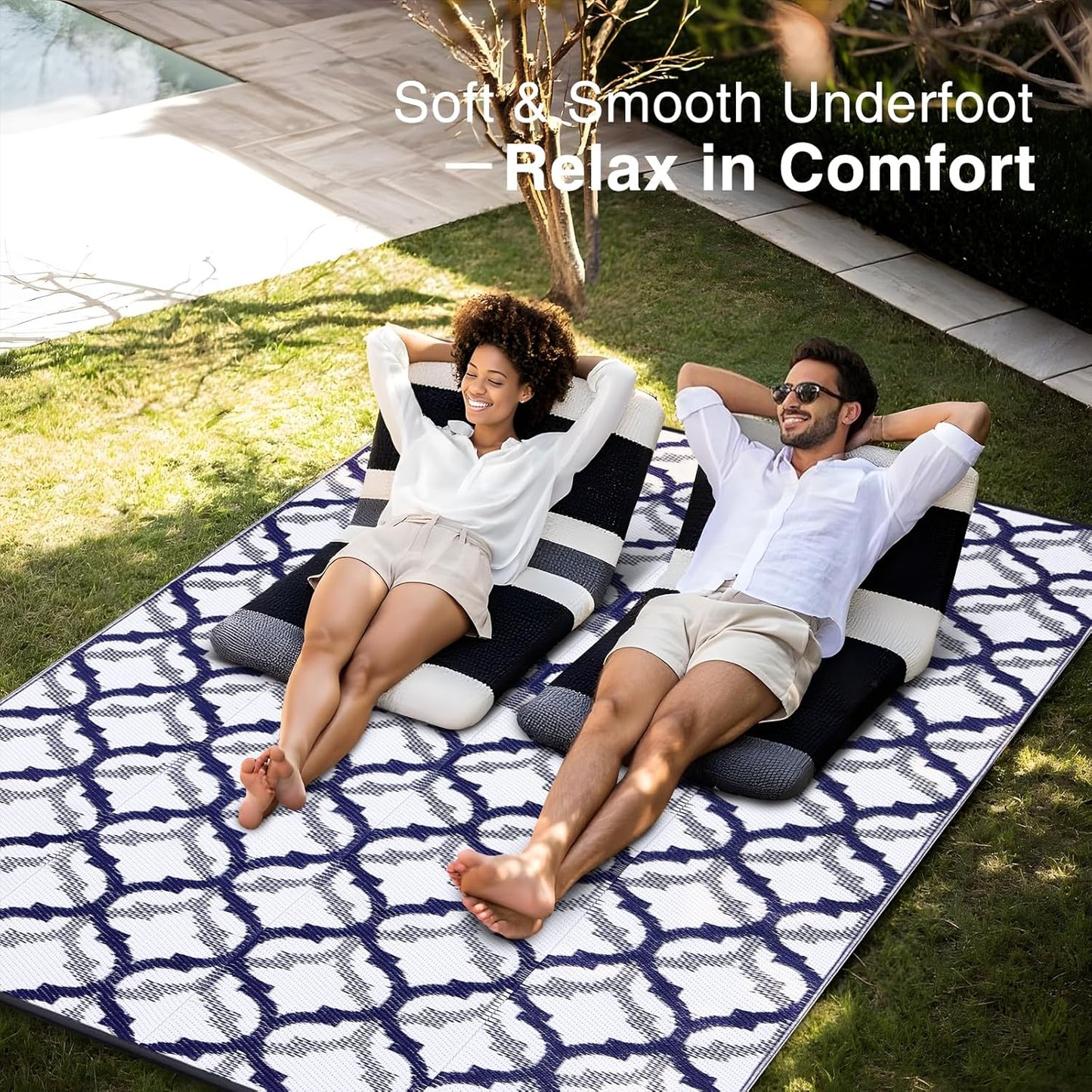 OLANLY Reversible Outdoor Rug 9x12 ft Clearance, Waterproof Outdoor Plastic Straw Rug with Interlacing Pattern, RV Mat for Patio, Camping, Balcony, Deck, Backyard, Navy & White