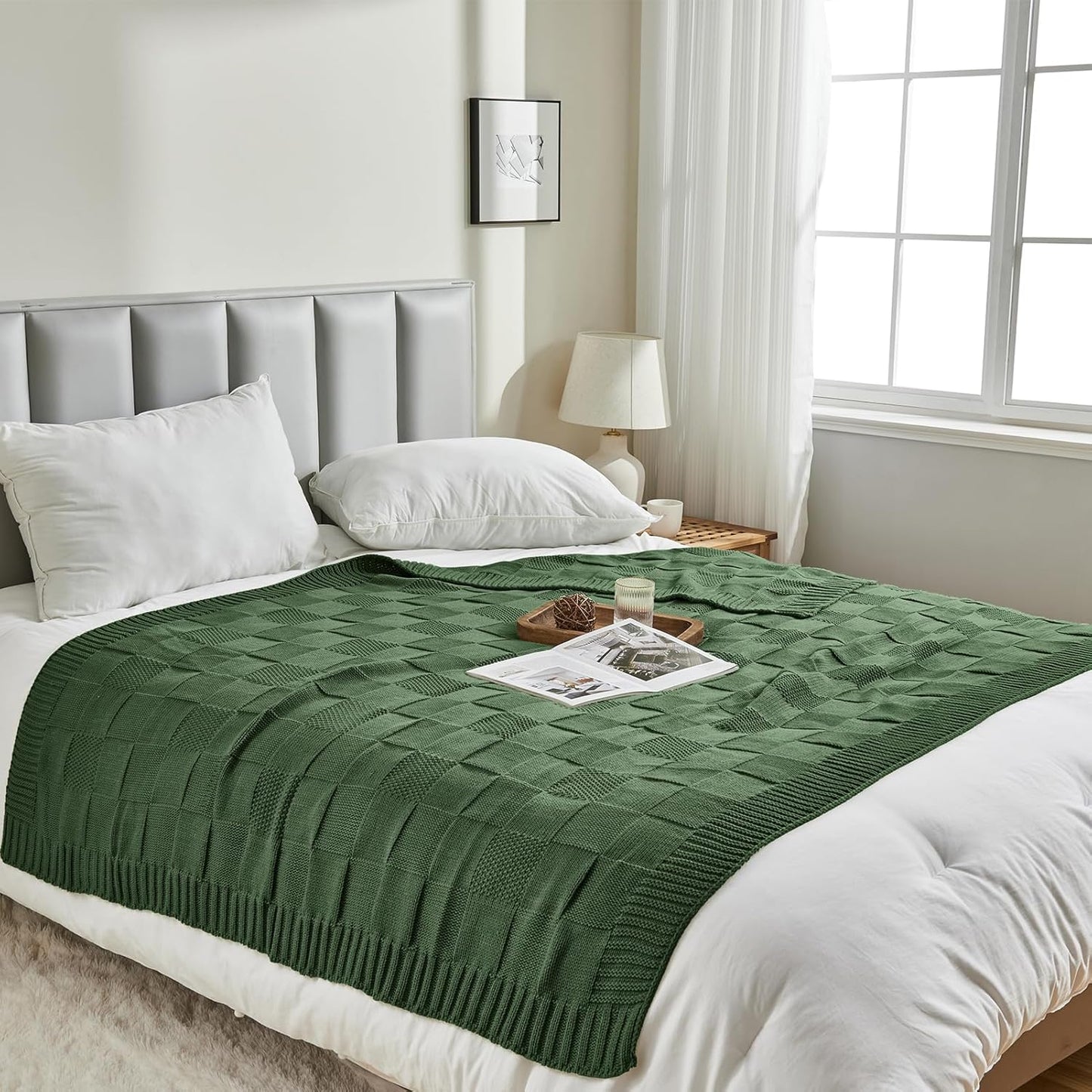 CozeCube Knit Throw Blanket,Christmas Green Checkered Bedroom Blanket for Couch,Soft Cozy Warm Knitted Blanket for Bed Sofa Living Room,Decorative Spring Fall Throw Blanket 50"X60",Christmas Green