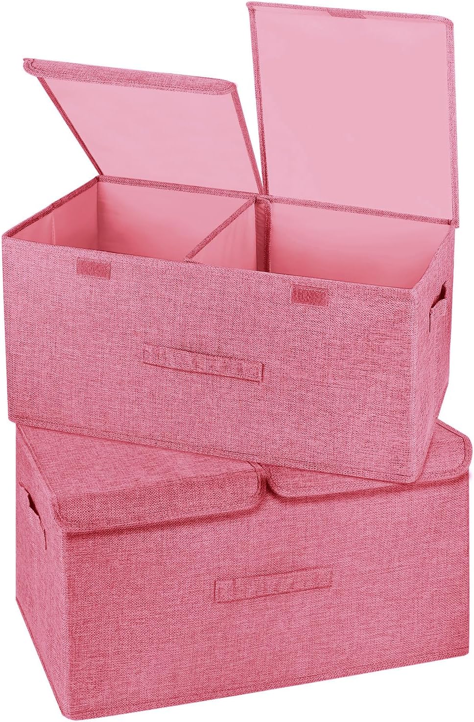 2 Pack Storage Boxes with Lids and Handles, Collapsible Linen Storage Bins Organizer Containers Baskets Cube with Removable Divider for Home Bedroom Closet Office (Pink, Large)
