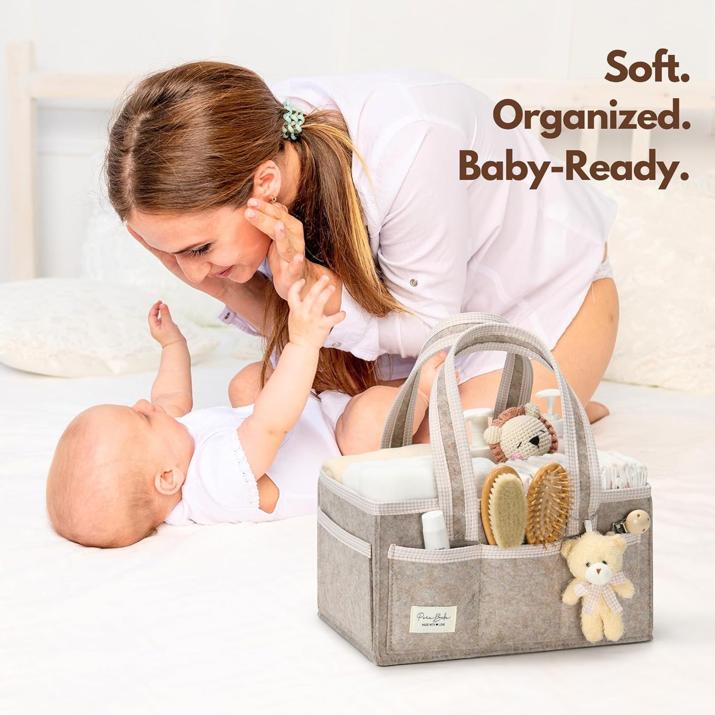 PeraBella Diaper Caddy Organizer with Handle, Baby Shower Gifts Basket Bag, Registry Search Must Haves Items, Nursery Storage Organizer for Newborn Girl Boy, Baby Bag Essentials, Car Diaper Caddy Cart