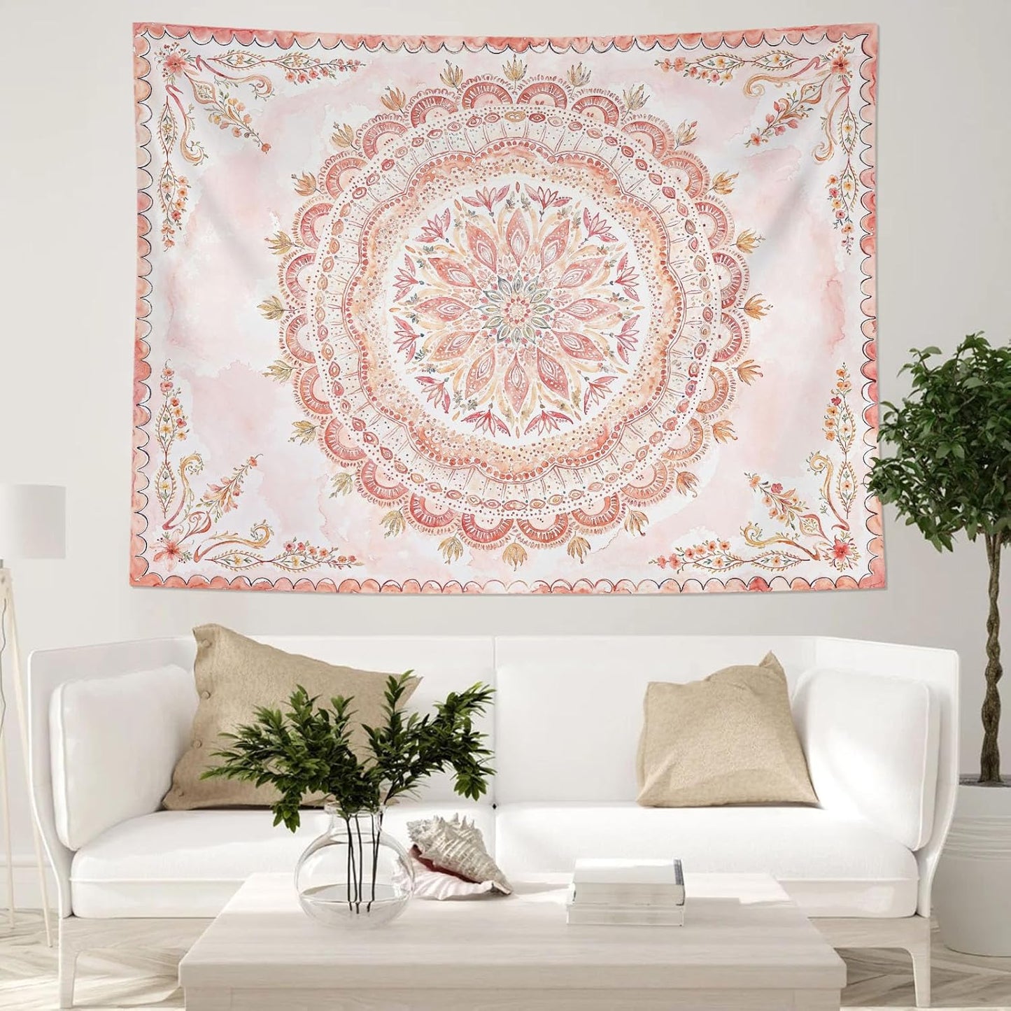 Fowocu Boho Floral Mandala Tapestry Wall Hanging Pink Bohemian Flower Medallion Tapestry Aesthetic Watercolor Hippie Indian Small Tapestries for Bedroom Living Room Dorm Decor 60 x 44 Inch