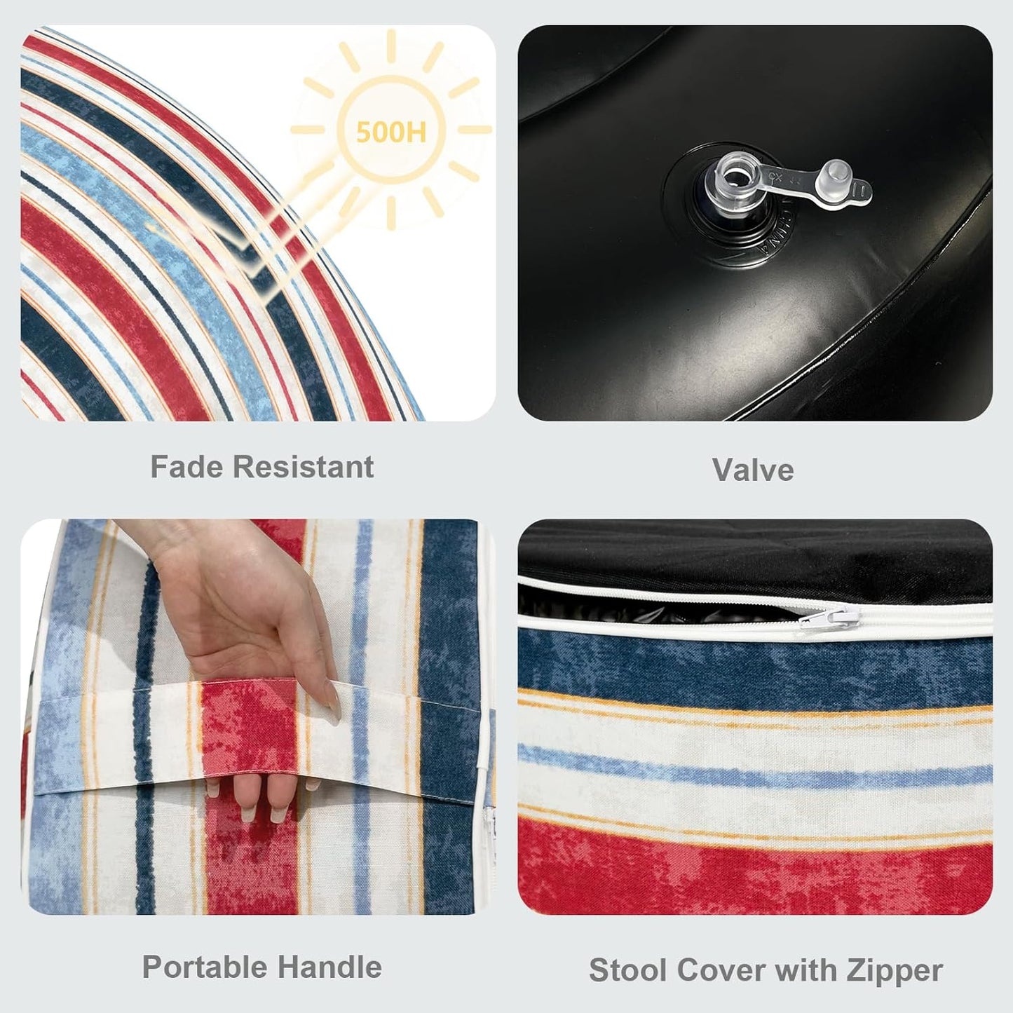 LVTXIII Inflatable Stool Ottoman Footrest with Handle, Decorative Fade-Resistant Foot Stool, Indoor or Outdoor Pouf for Home Garden and Camping Use, D21 x W 21 x H9, Stripe Red Blue