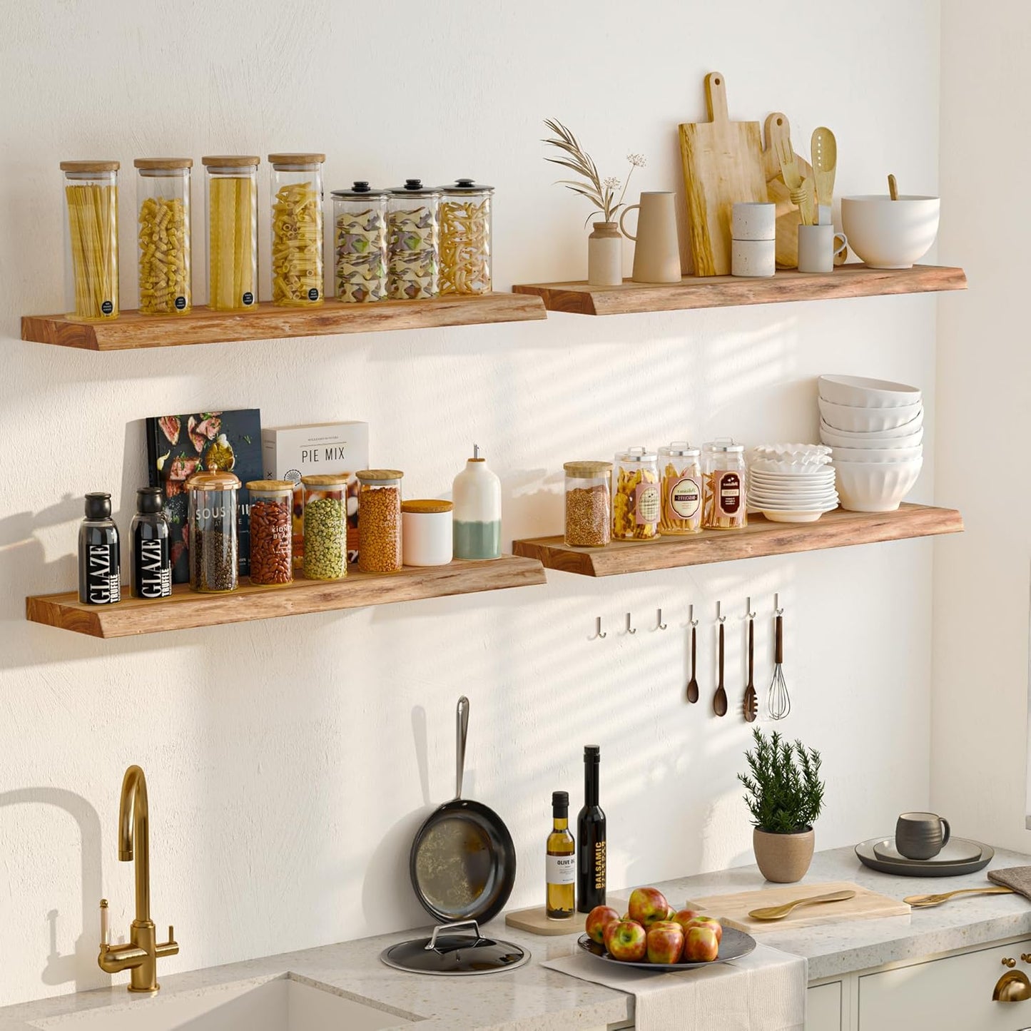 Floating Shelves for Wall, 36" Live Edge Solid Elm Wood Floating Shelf, Wall-Mounted Display Shelves with Invisible Heavy-Duty Metal Bracket, Floating Shelf for Kitchen (Natural, Set of 2)