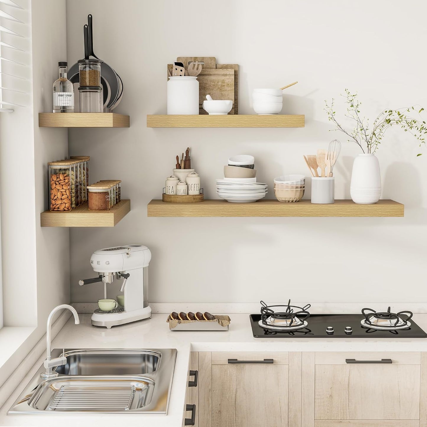 12 Inch Deep Floating Shelves 36 inch Long, 36 x 12 Wide Wall Shelves with Invisible Brackets, Heavy Duty Shelf for Bedroom Bathroom Living Room Kitchen Office Home Decor, Modern Shelf Set of 2, Oak