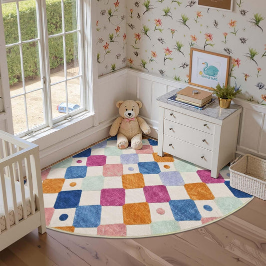 jinchan Kids Rug for Nursery 5ft Radius Corner Washable Area Rug Modern Colorful Quarter Circle Rug Soft Non-Slip Carpet for Bedroom Playroom Daycare Reading Nook Kitchen Classroom Berries on Cream
