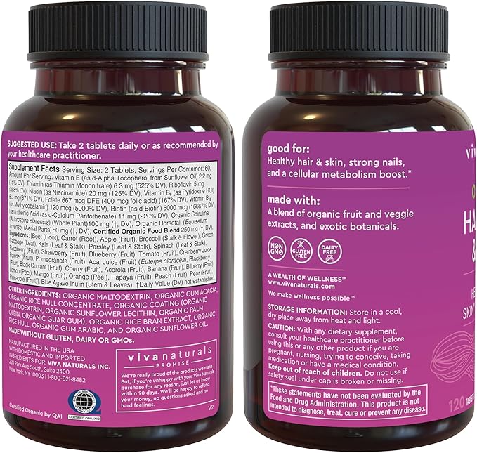 Organic Biotin Vitamins for Hair Skin 5000mcg to 120 Biotin