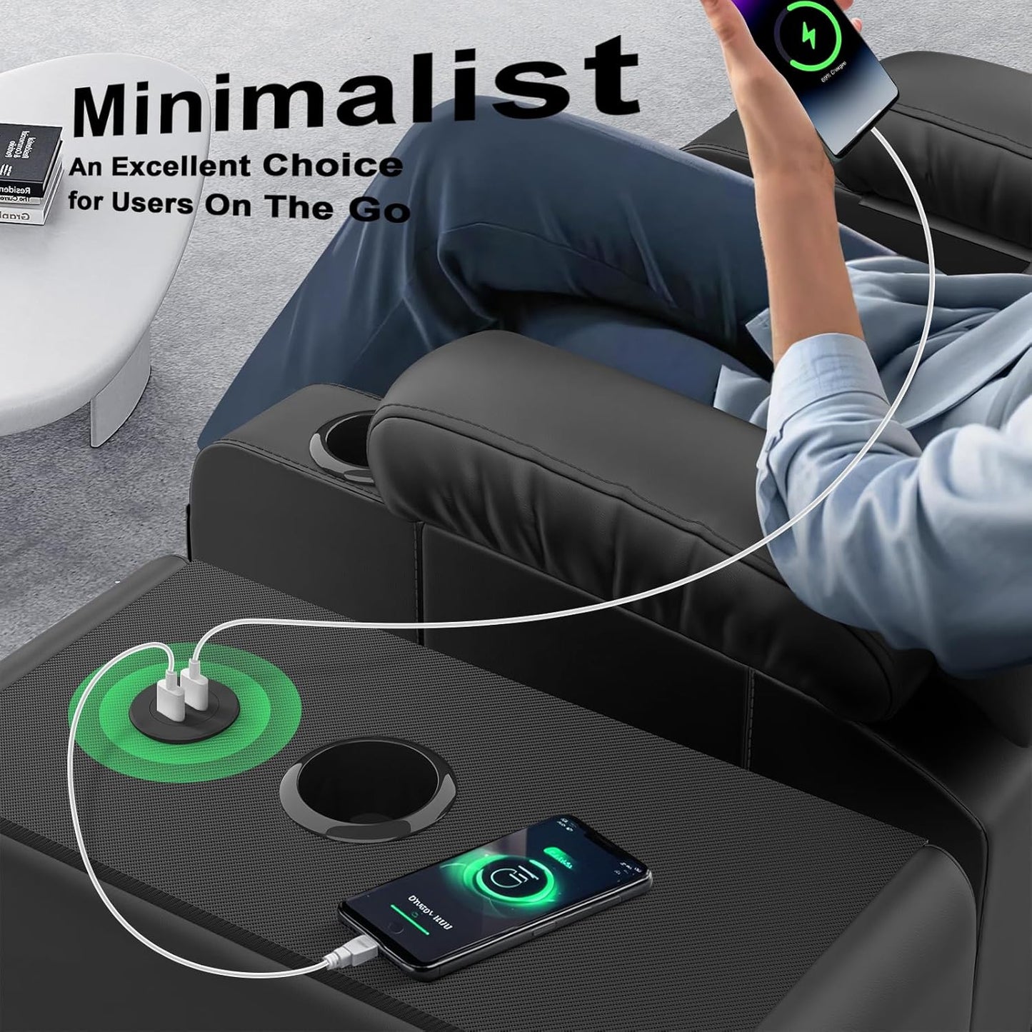 Recliner Chairs with Recliner Side Table End Table for Adults, Massage Rocker, USB Ports, 360 Degree Swivel Single Sofa Seat Living Room