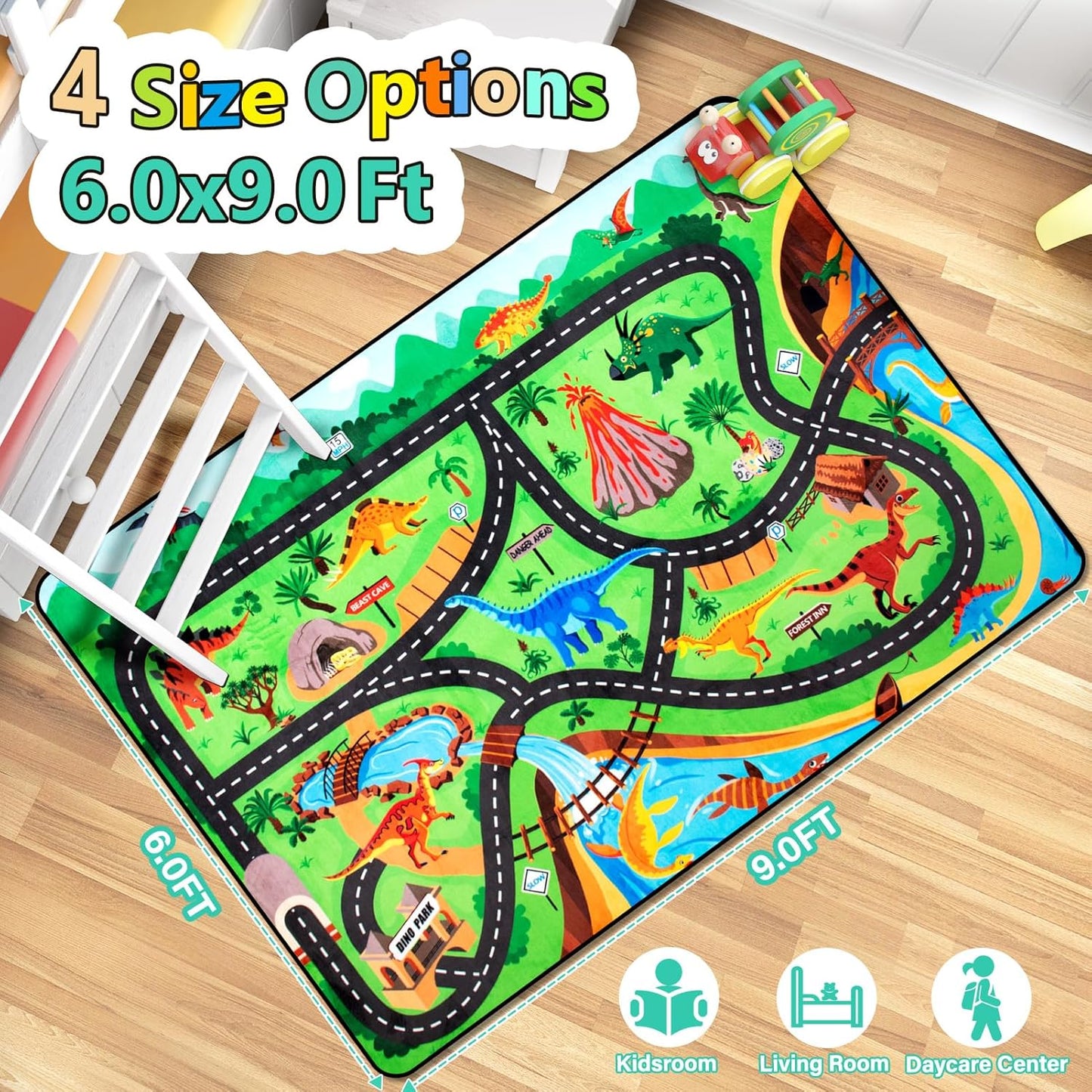 Kids Rug, Car Carpet for Kids' Toy Cars, 6x9 Ft Dinosaur Rug, Dino Safari Road Mat for Playroom, Educational Learning & Game Area Baby Play Mat Carpet for Children